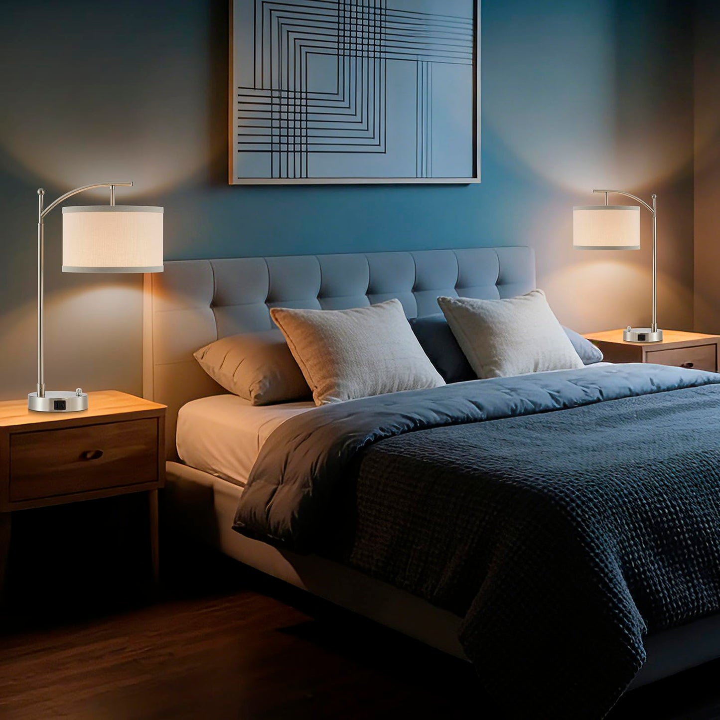 Table Lamp for Living Room Bedroom, 23.5" Table Lamps Set of 2 with USB C+A Ports, Bedside Lamps for Nightstand with Linen Lamp Shades, 2 Dimmable LED Bulbs Included, Black