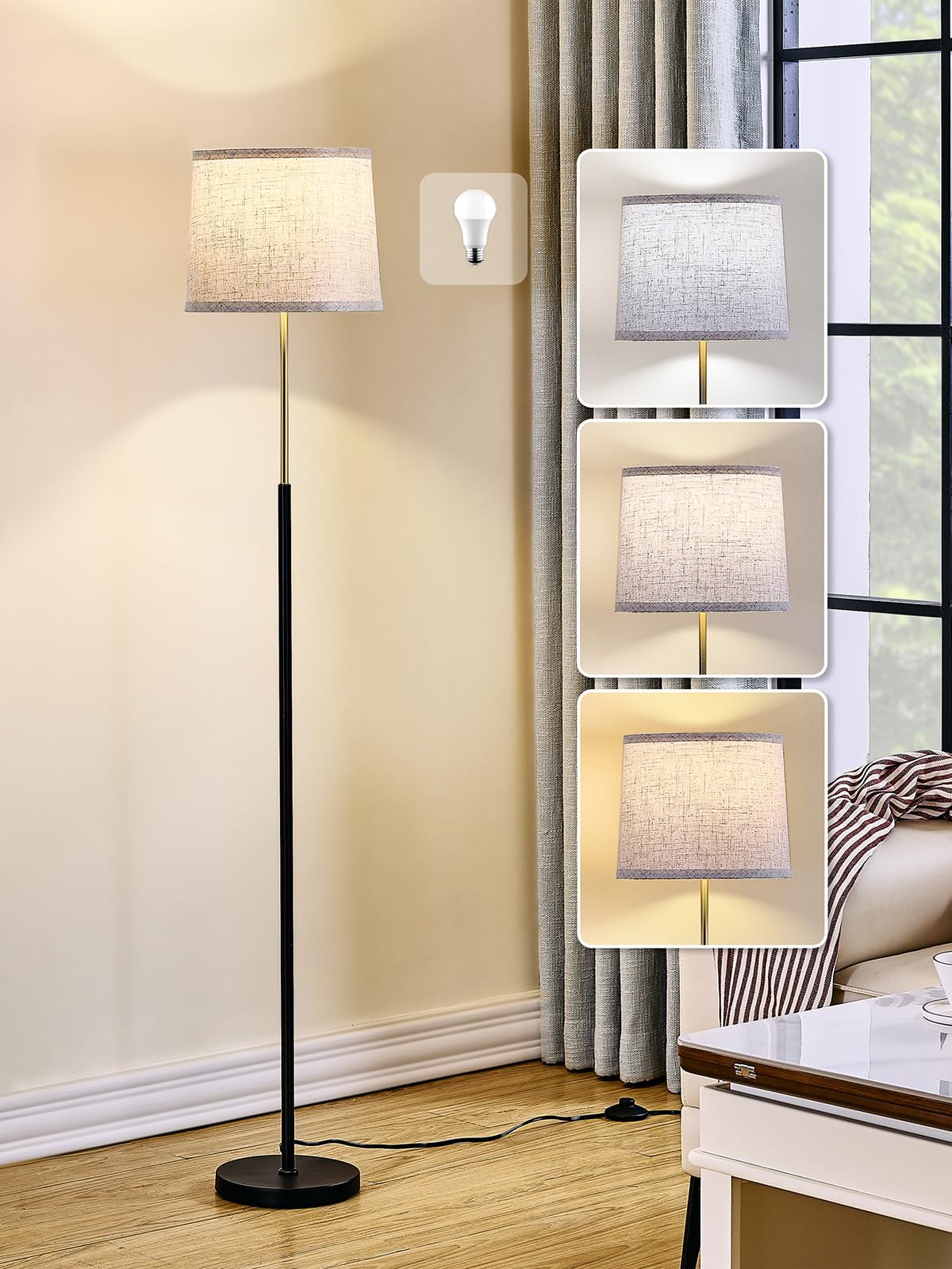 60" Modern Floor Lamp for Living Room Bedroom, Standing Lamp with Oatmeal Linen Lampshade, Tall Lamp with A19 9W 3 Color Temperature Bulb, Foot Switch Control, Black