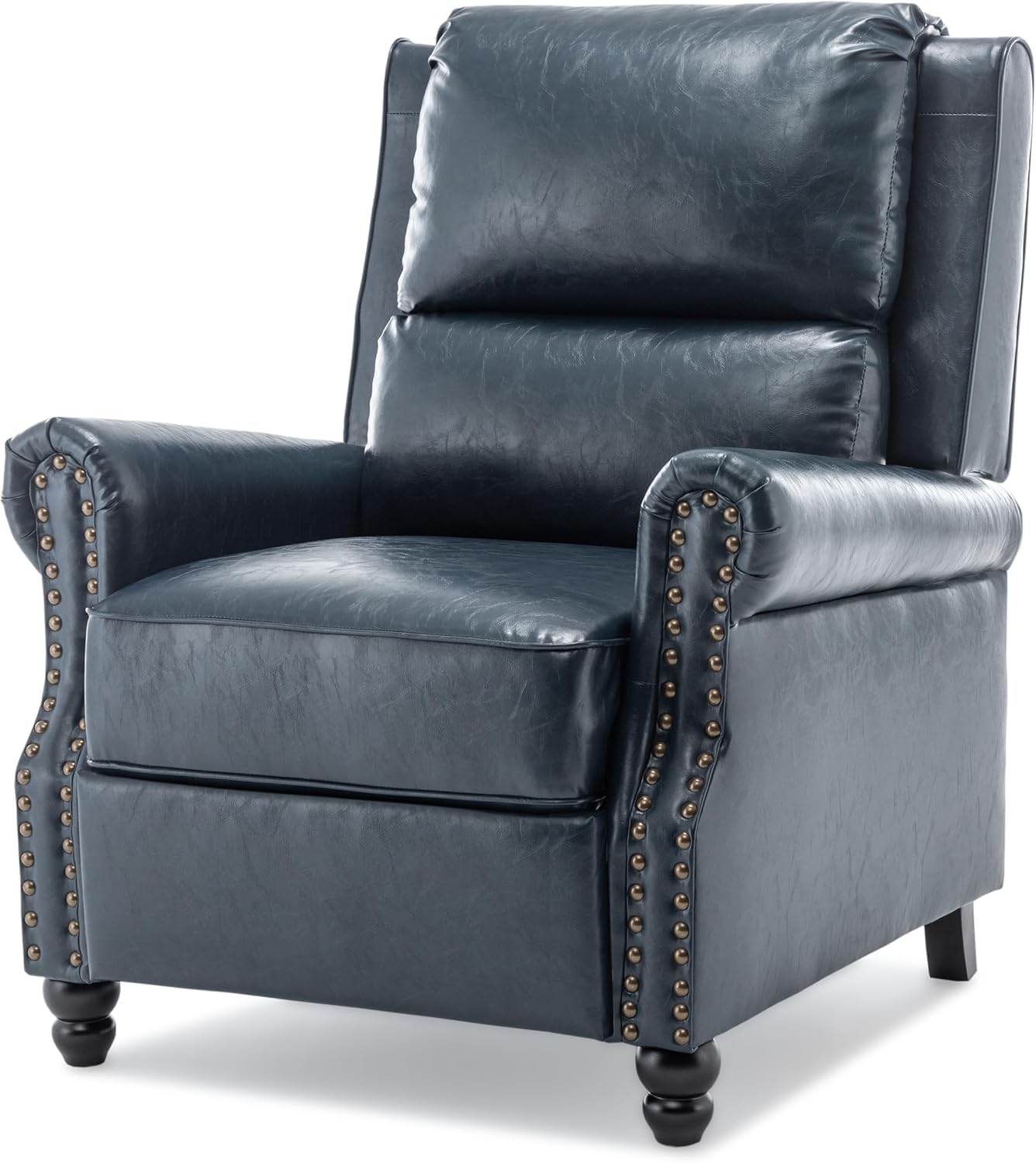 Pushback Recliner Chairs Set of 2, Comfy Fabric Wingback Recliner Chair, Upholstered Armchair Push Back Recliner with Wood Legs, Rivet Trim Accent Chair for Living Room, Bedroom, Blue Stripe