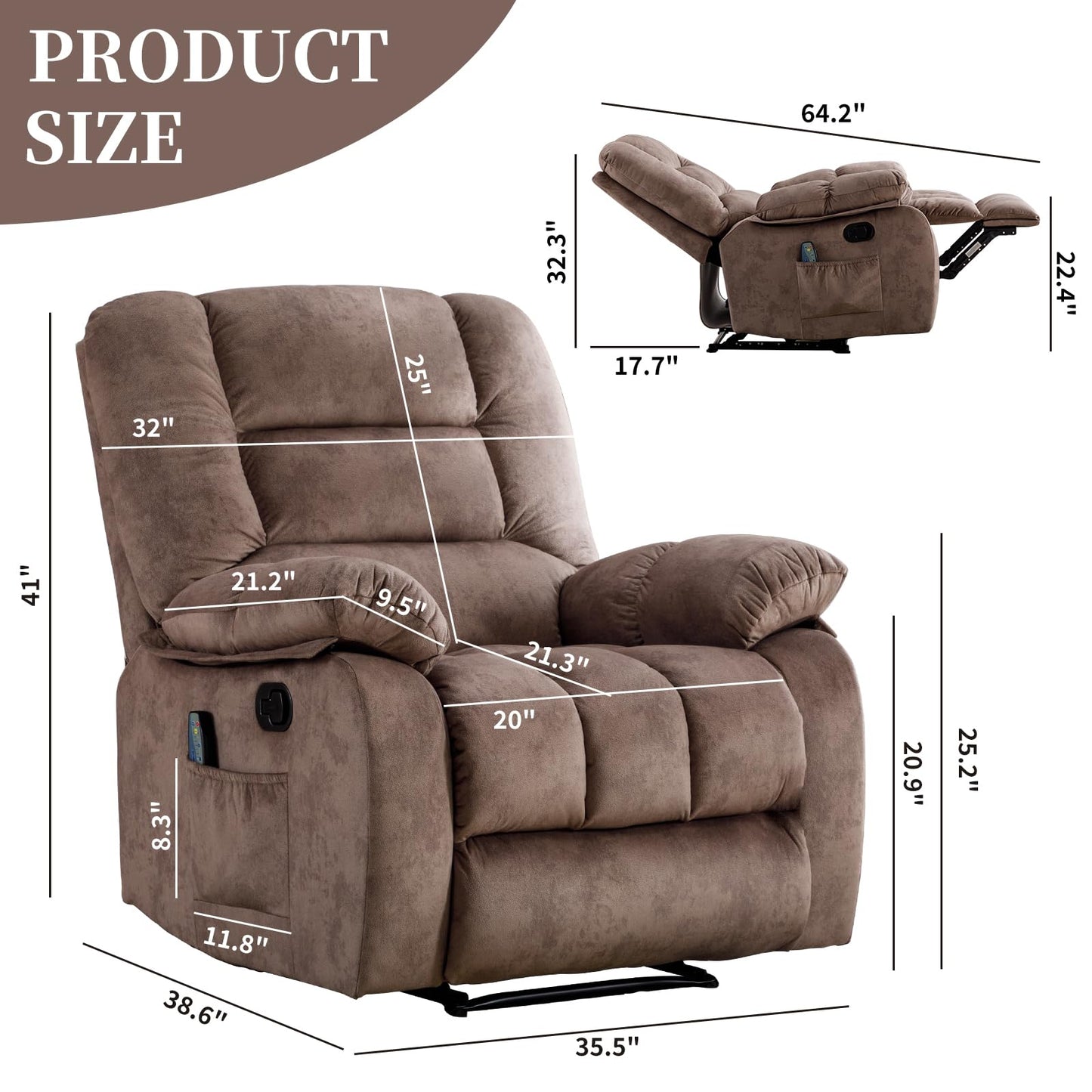 IOMOR Massage Recliner Chair with Heat and Massage, Ergonomic Overstuffed Breathable Fabric Reclining Chairs, Single Sofa Chair with Side Pockets for Living Room Home Theater (Dark Gray)