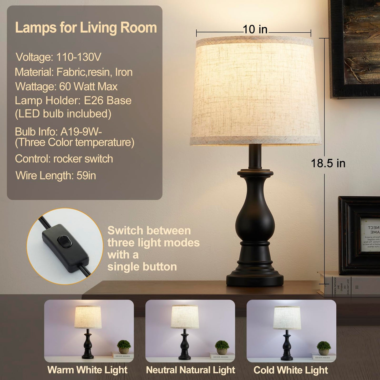 Vintage Table Lamp for Living Room Bedroom, 18.5" Farmhouse Bedside Lamps Nightstand Lamp Set of 2, Table Lamps with Oatmeal Linen Lamp Shades, 2 LED Bulbs Included