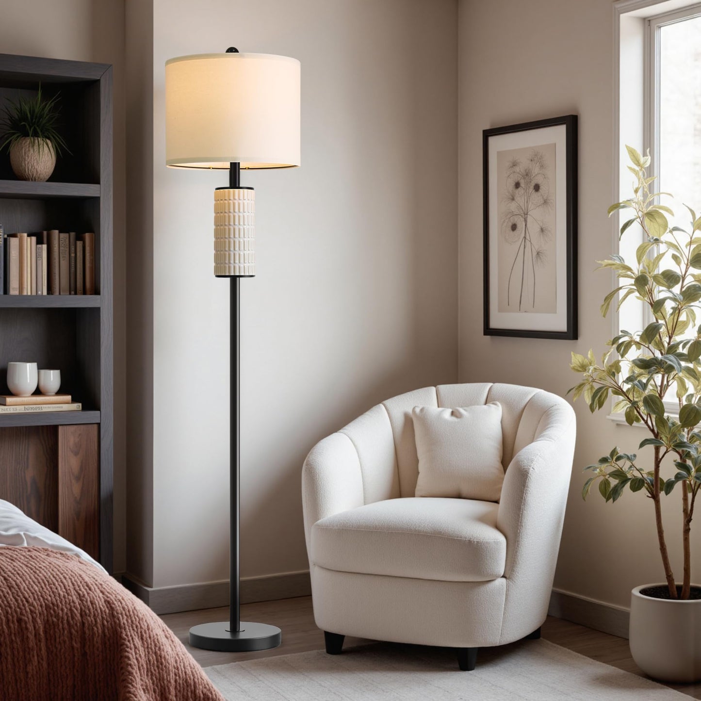 PoKat Farmhouse Floor Lamp for Living Room with Ceramic, 64" Black Standing Lamps for Living Room Corner, Modern Tall Floor Lamps for Bedroom, Sofa, Reading Nock, Rotary Switch, Matte Black