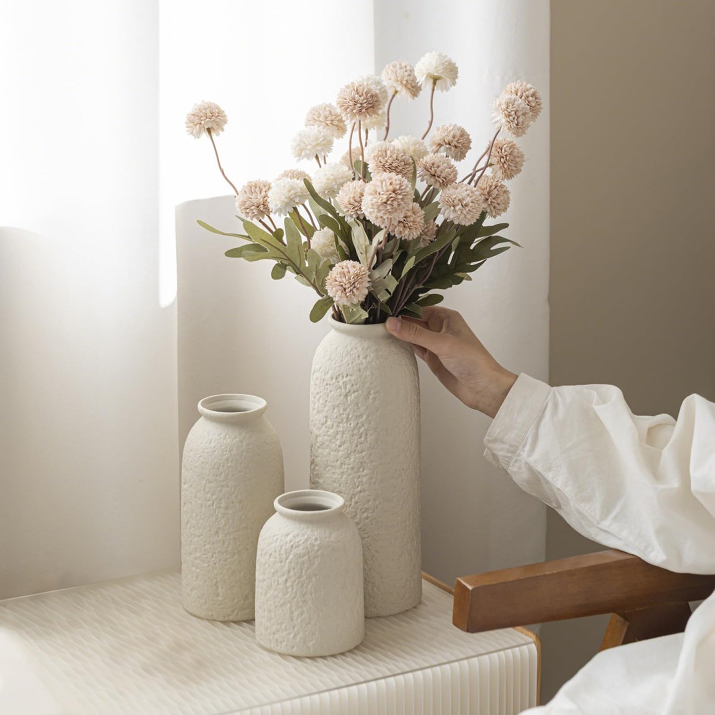 10.4 inches Tall Decorative Ceramic Vase Set, 3 Pieces, Nordic Modern Boho Style, White, Modern Farmhouse for Home Decor (Coffee Mix)