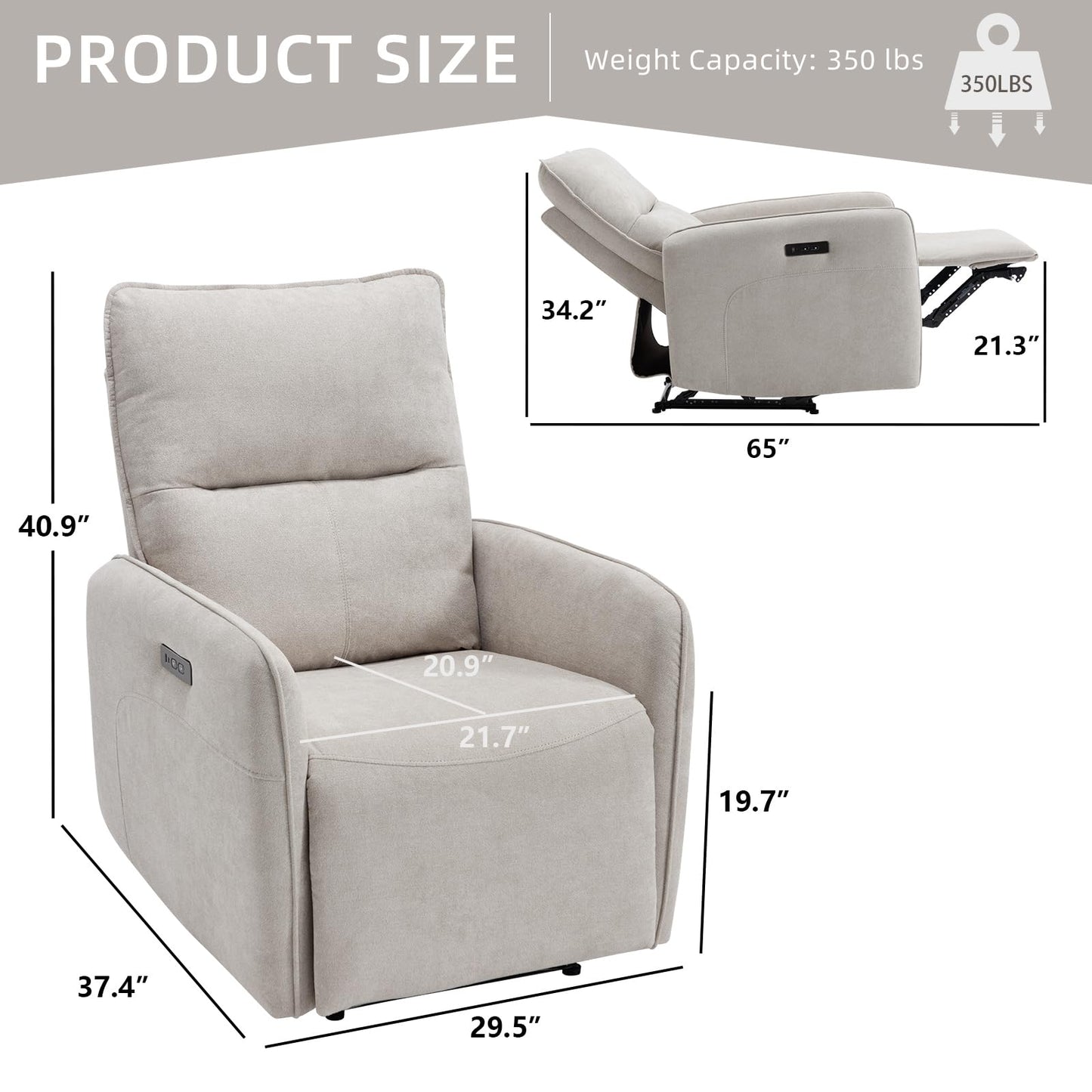 IOMOR Power Recliner Chair for Adults, Electric Recliner with USB Tape-C Ports, Zero Wall Single Reclining for Small Space, Living Room (1, Grey)
