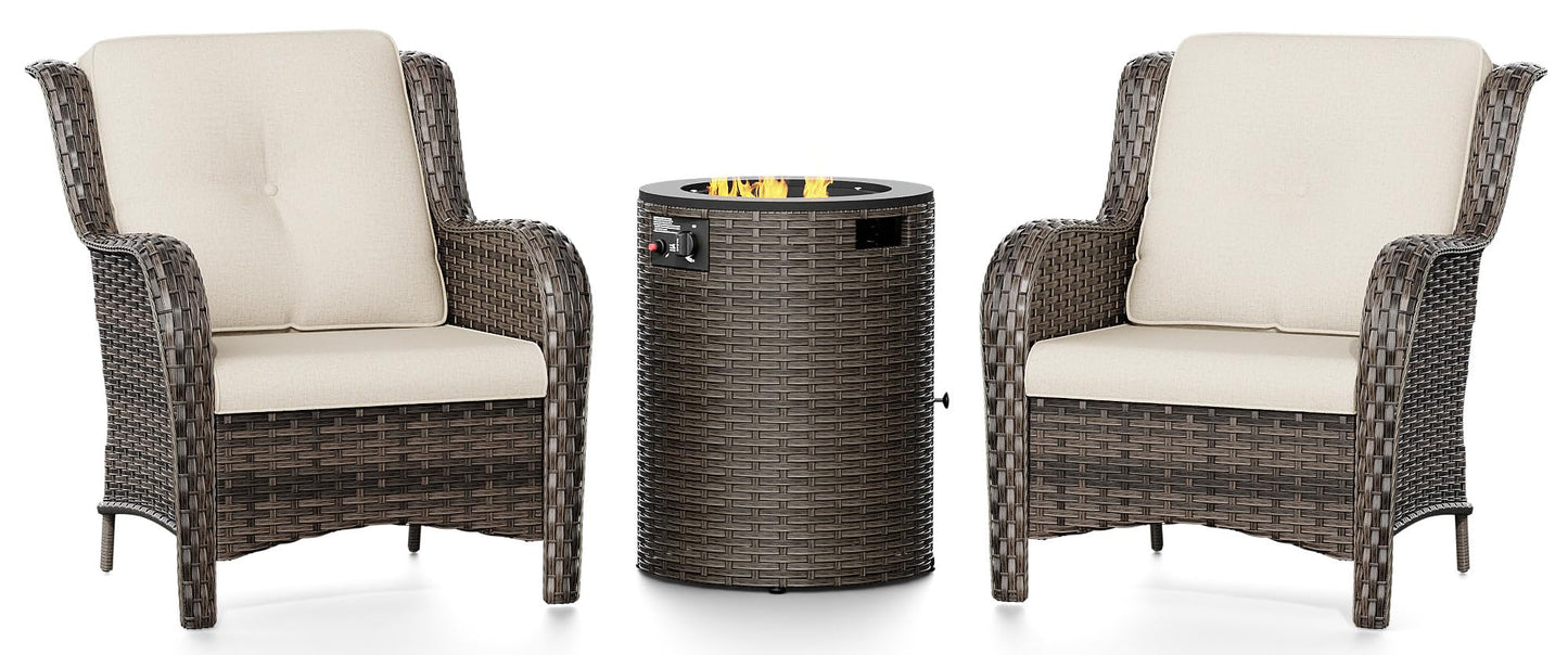 Joyside Patio Furniture Set with Fire Pit Table, 3 Piece Outdoor Wicker Conversation Sets with High Back, Thickened Cushions, Rattan Sectional for Porch, Lawn Use (Red)