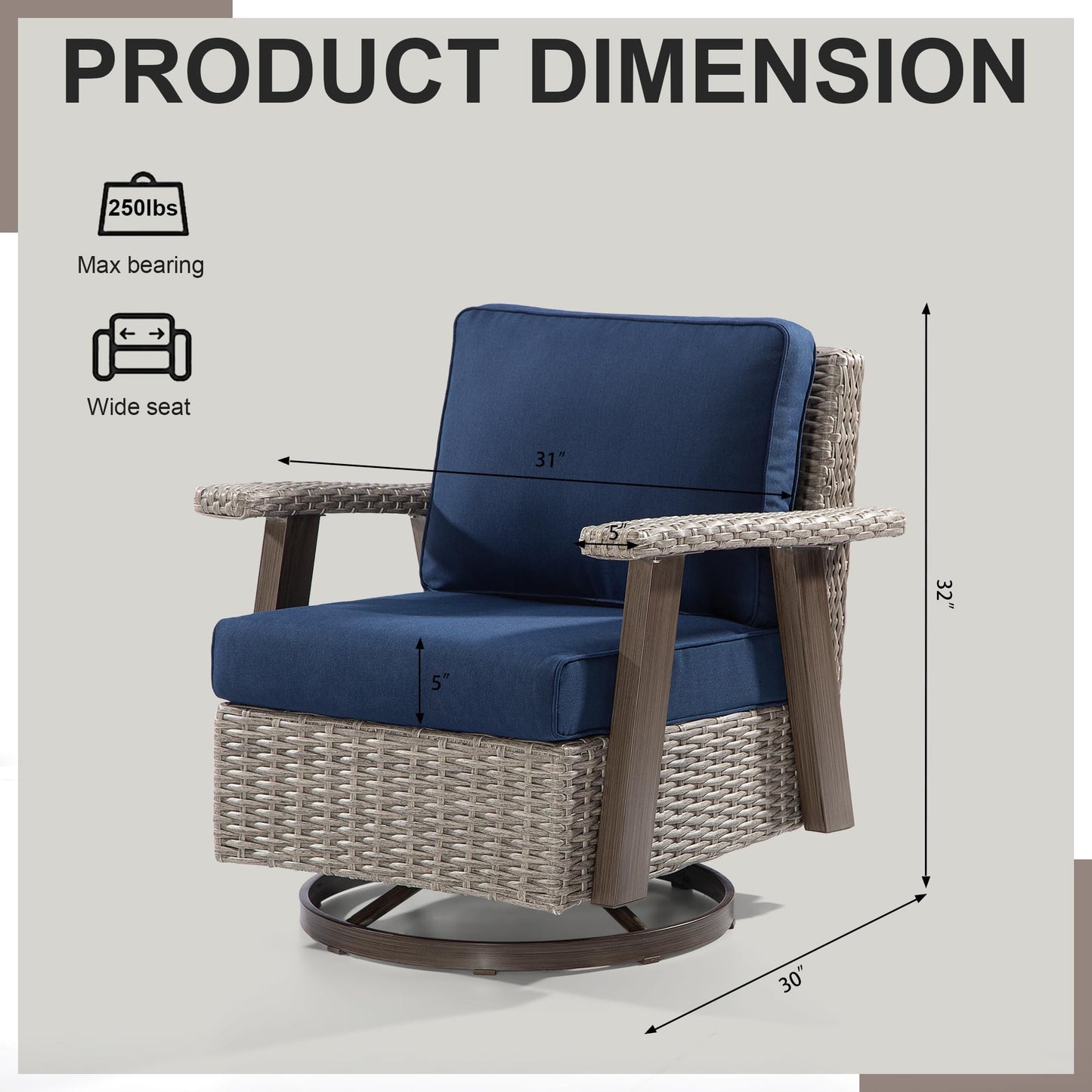 Joyside Patio Chair - Outdoor 360 Degree Swivel Rocker Chair with Durable Fabric Cushion and Ergonomic Structure, Patio Wicker Dining Chair(Grey/Dark Blue)