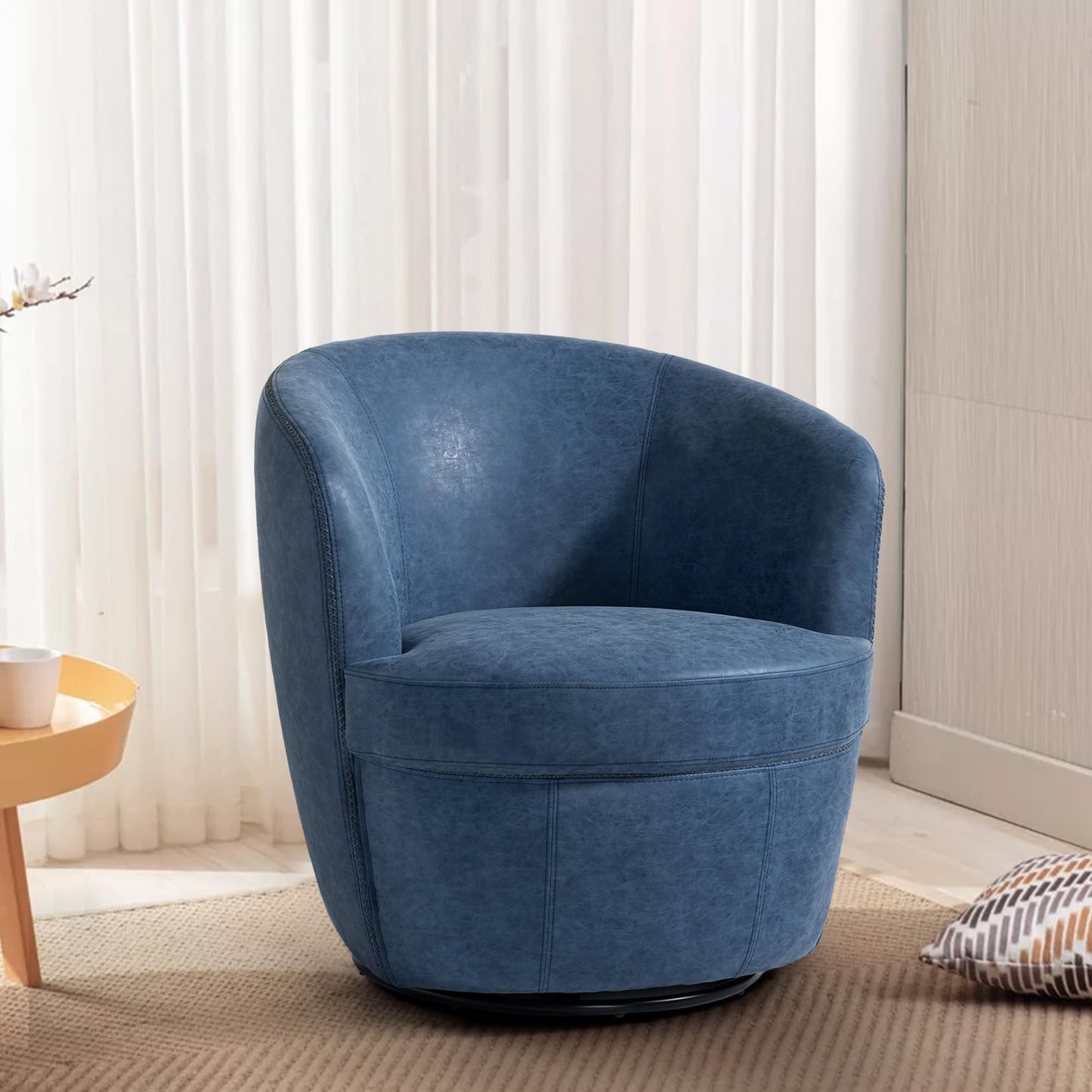 360° Swivel Barrel Accent Chair, Faux Leather Round Swivel Chair for Living Room, Comfy Upholstered Armchair Single Sofa Club Chair for Bedroom Reading Room, No Assembly Required - Light Brown
