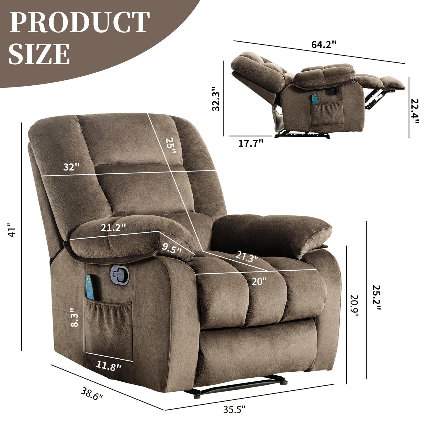 IOMOR Massage Recliner Chair with Heat and Massage, Ergonomic Overstuffed Breathable Fabric Reclining Chairs, Single Sofa Chair with Side Pockets for Living Room Home Theater (Dark Gray)