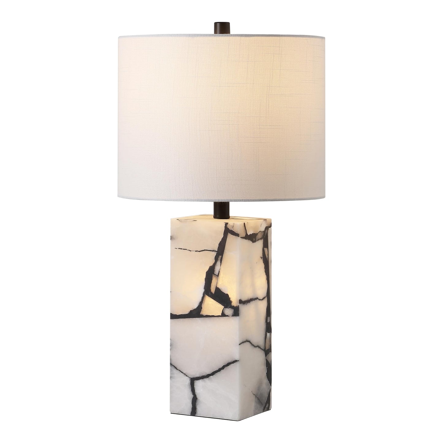 JONATHAN Y 24.25" Black/White Modern Alabaster LED Table Lamp for Home Decor, White Linen Shade, Coastal Nightstand Lamp with Built-in Base Accent Light (JYL8507A)