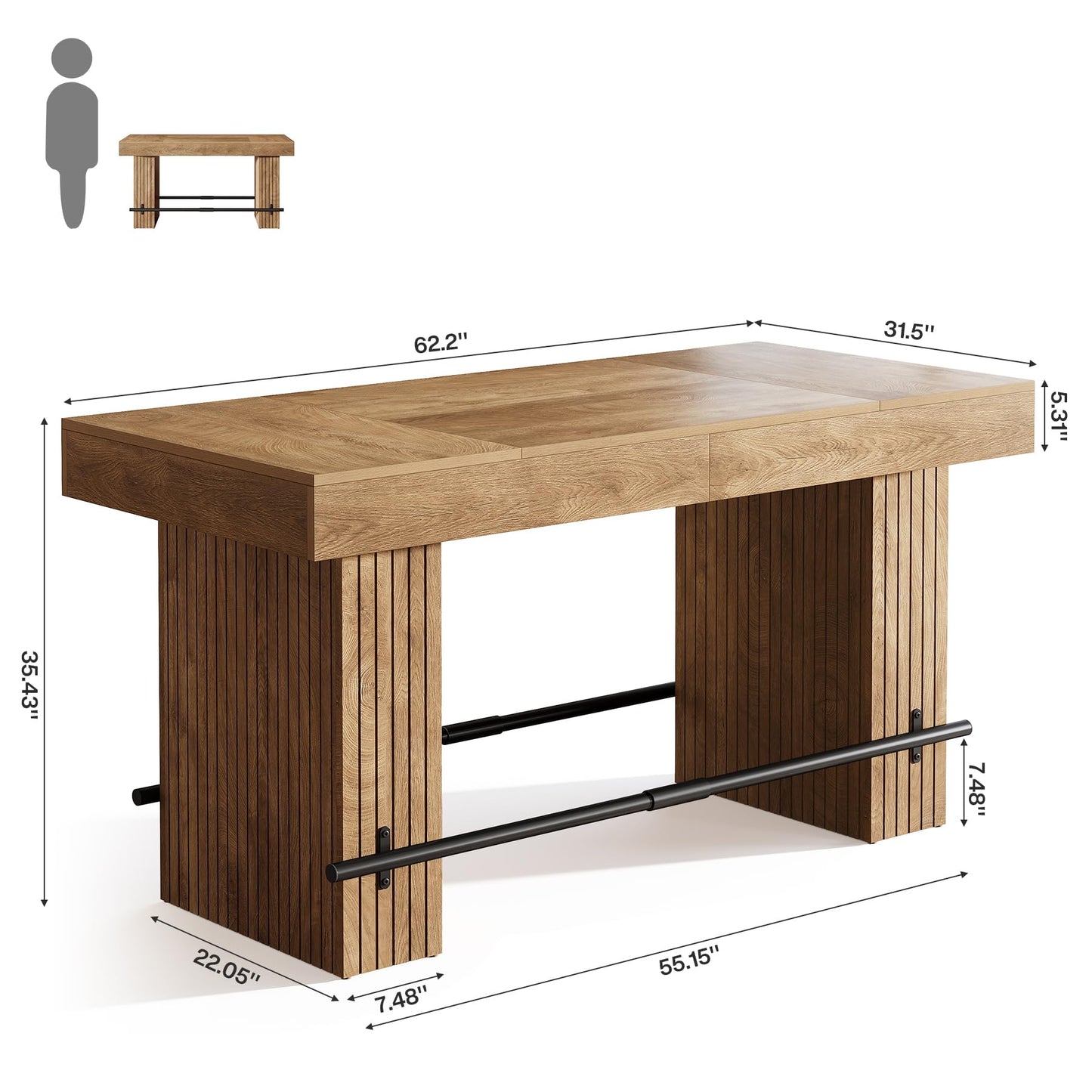 Tribesigns 62.2 Inch Bar Table, Industrial Counter Height Pub Dining Table, Rectangular Home Bar Units with Metal Footrest for Home Kitchen, Dining Room, Bistro, Brown and Dark Grey
