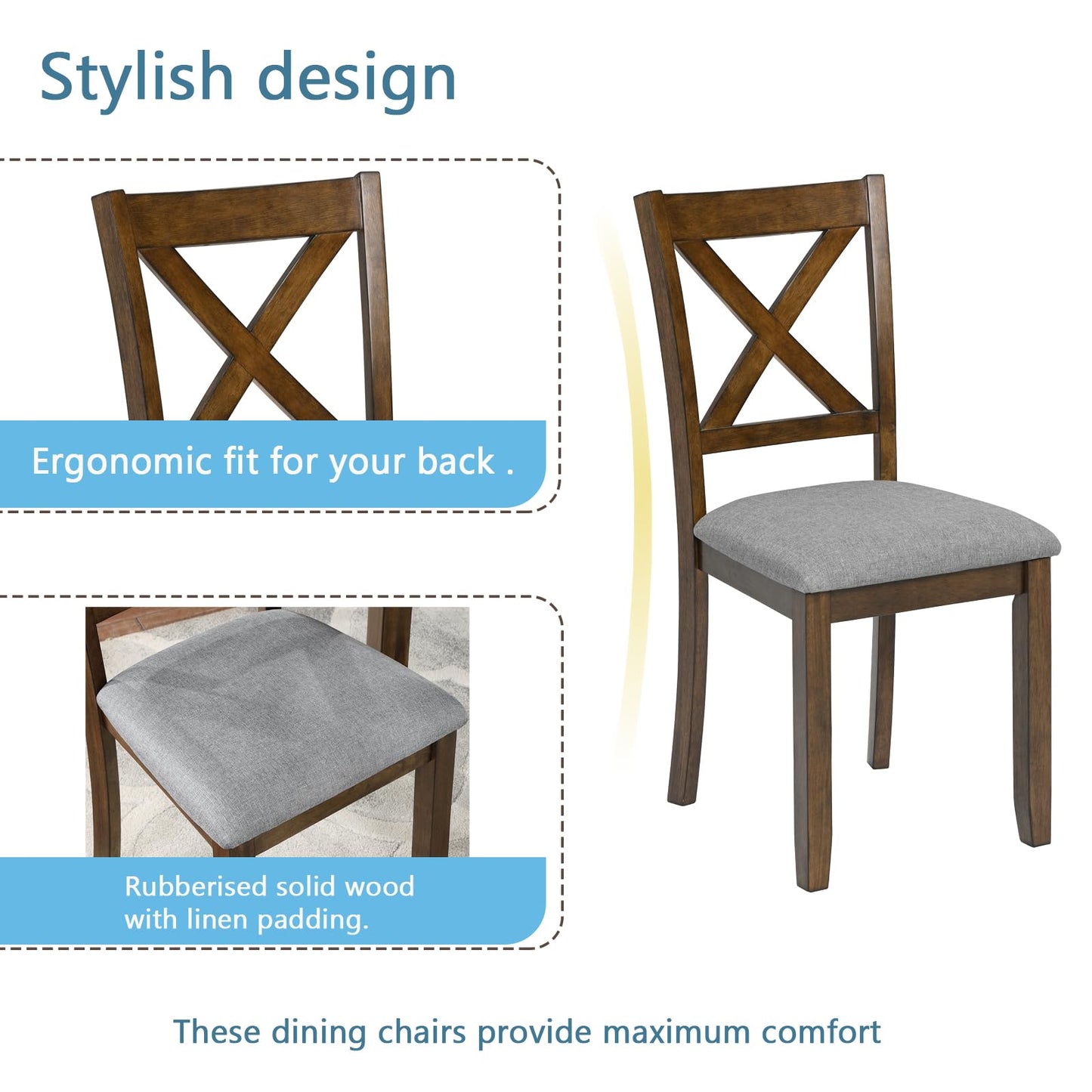 LKTART 5-Piece Kitchen & Dining Room Table and Chairs Sets,Small Square Kitchen Table with 4 Upholstered XX-Shaped Backrest Chairs,Walnut