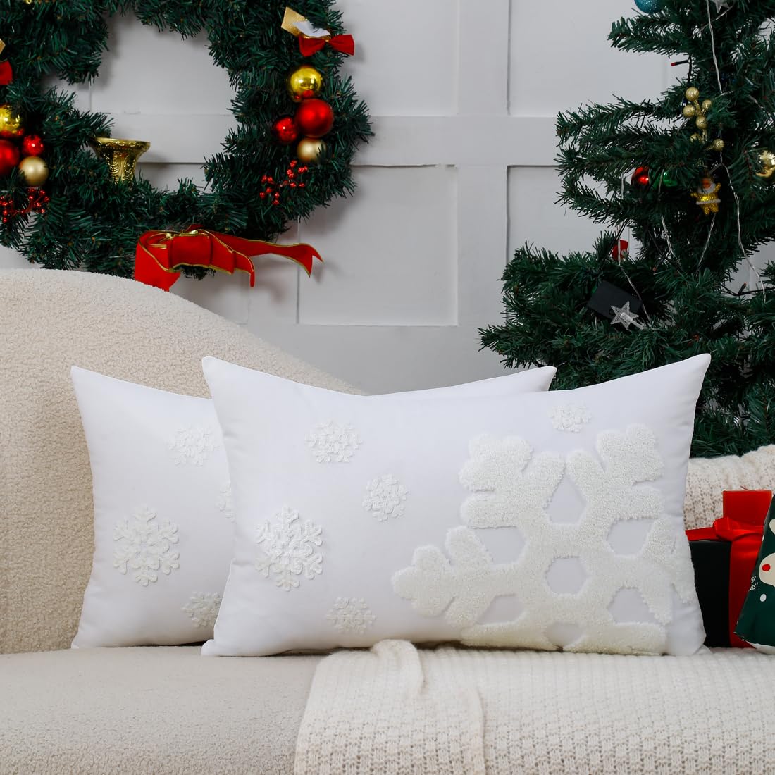 VAKADO Christmas Throw Pillow Covers 18x18 Set of 2 Embroidered Snowflake Decorative Xmas Cushion Cases Holiday Soft Home Decor for Bedroom Sofa Chair Porch Winter, Blue