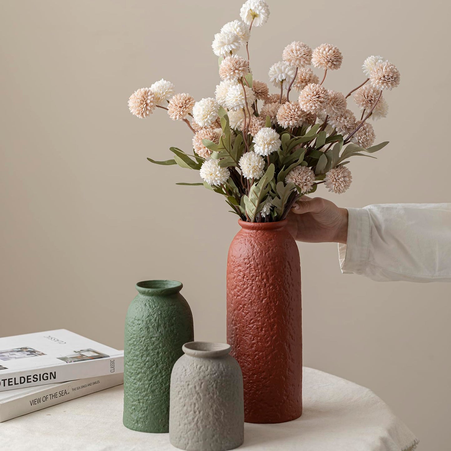 10.4 inches Tall Decorative Ceramic Vase Set, 3 Pieces, Nordic Modern Boho Style, White, Modern Farmhouse for Home Decor (Coffee Mix)