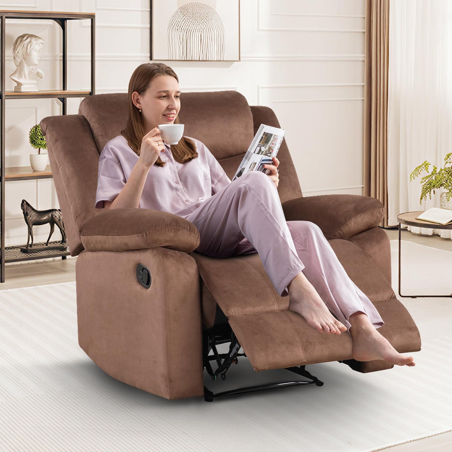 IOMOR Manual Recliner Chair with Overstuffed Arm and Extra-Padded Back, Breathable PU Leather Reclining Chair for Adults, Single Sofa for Living Room, Bedroom (Dark Brown)