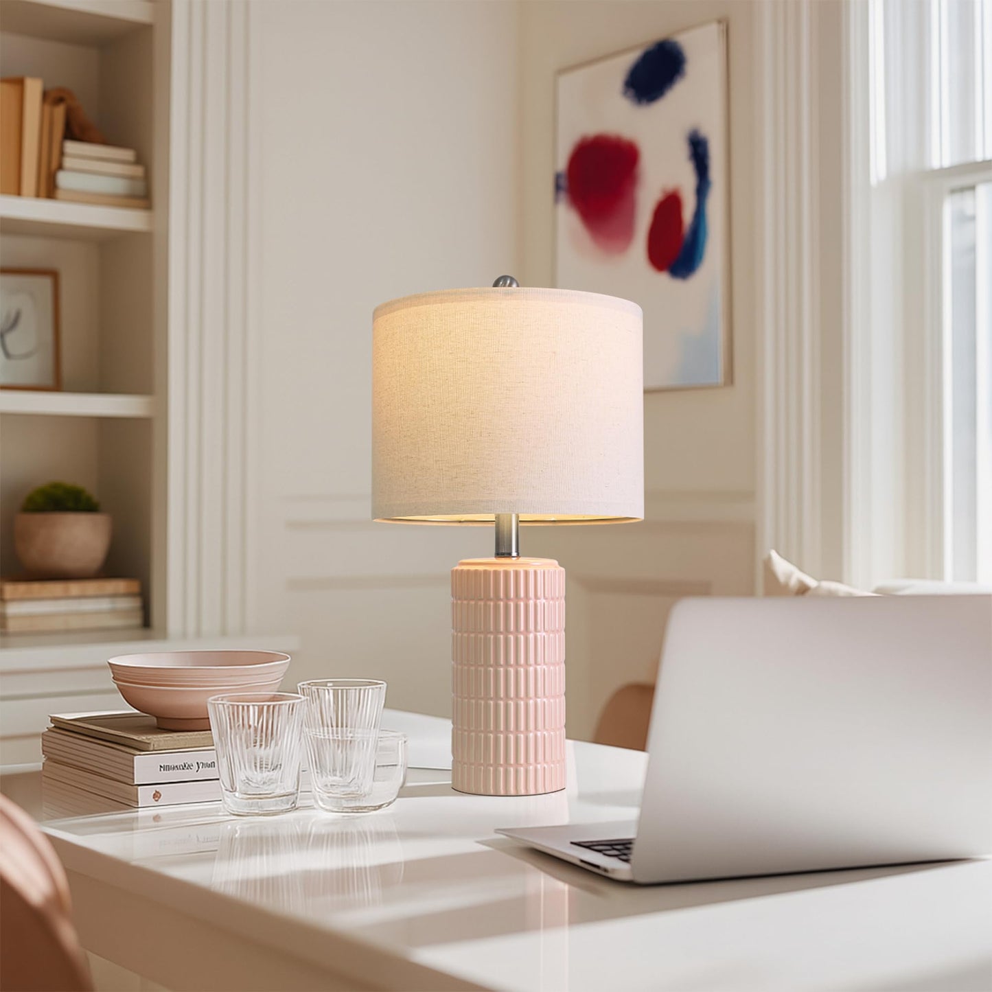 PoKat 20.75" Small Modern Ceramic Table Lamps Set of 2 for Bedroom, White Bedside Lamps for Night Stands, Farmhouse Desk Decor Gift Nightstand Table Lamps for Living Room End Table Beige