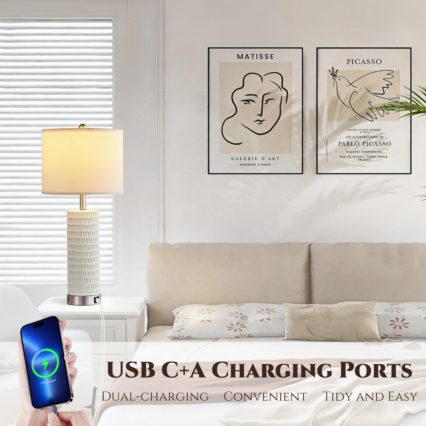 White Ceramic Table Lamps Set of 2, 28" Lamps for Living Room with USB C+A Ports, Touch Lamps for Nightstand, 2 Bulbs Included