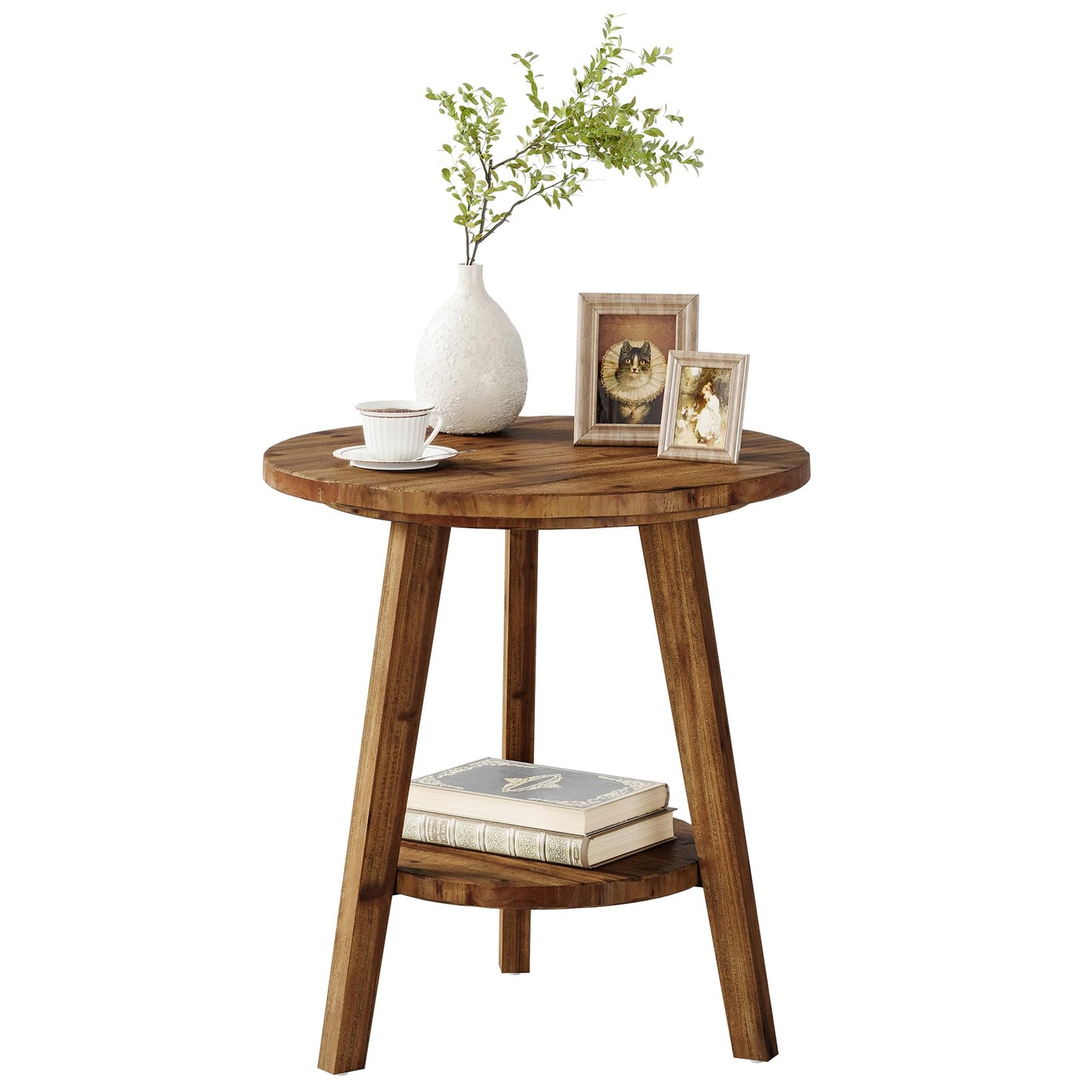 Solid Wood Round End Table, Sofa Side Table with Storage Shelf, Farmhouse Nightstand for Living Room, Bedroom, Easy Assembly (Dark Brown, 1 PC)