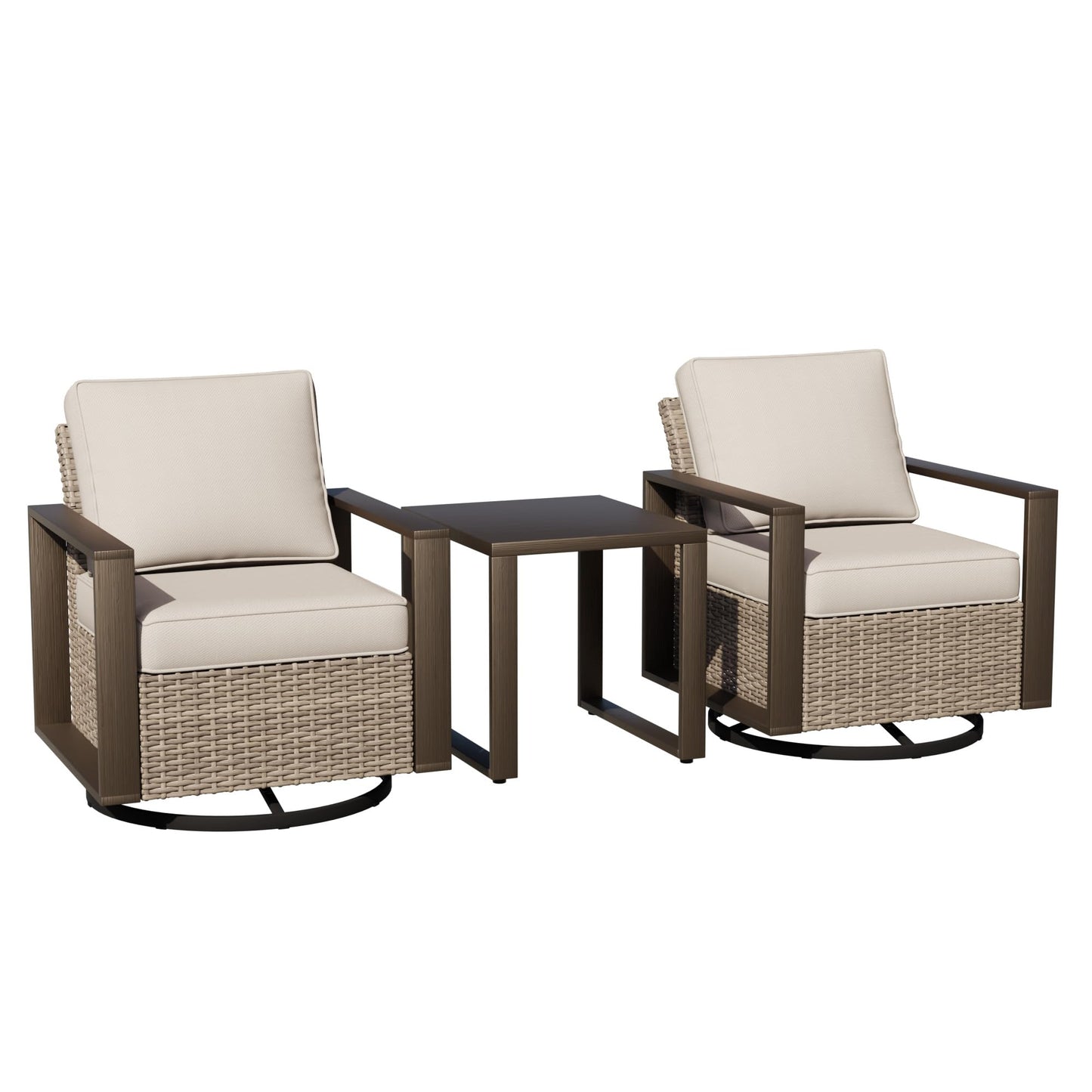Joyside Outdoor Patio Swivel Rocker Chairs, 3 Pieces Wicker Furniture Set, 2 Swivel Rocking Chairs and 1 Table, Metal Wide Armrest, Thick Cushions and Deep Seating for Garden, Backyard, Porch, Deck