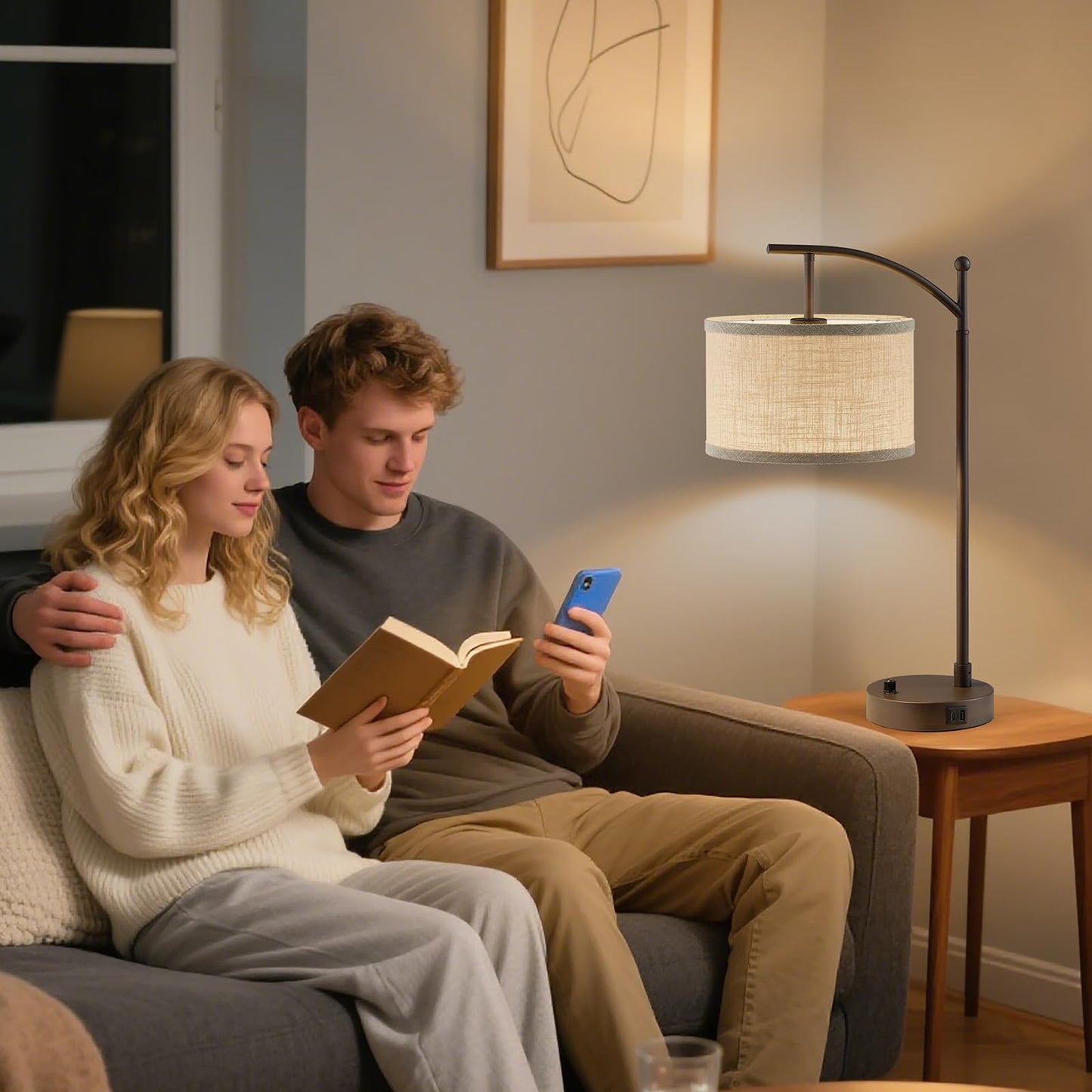Table Lamp for Living Room Bedroom, 23.5" Table Lamps Set of 2 with USB C+A Ports, Bedside Lamps for Nightstand with Linen Lamp Shades, 2 Dimmable LED Bulbs Included, Black