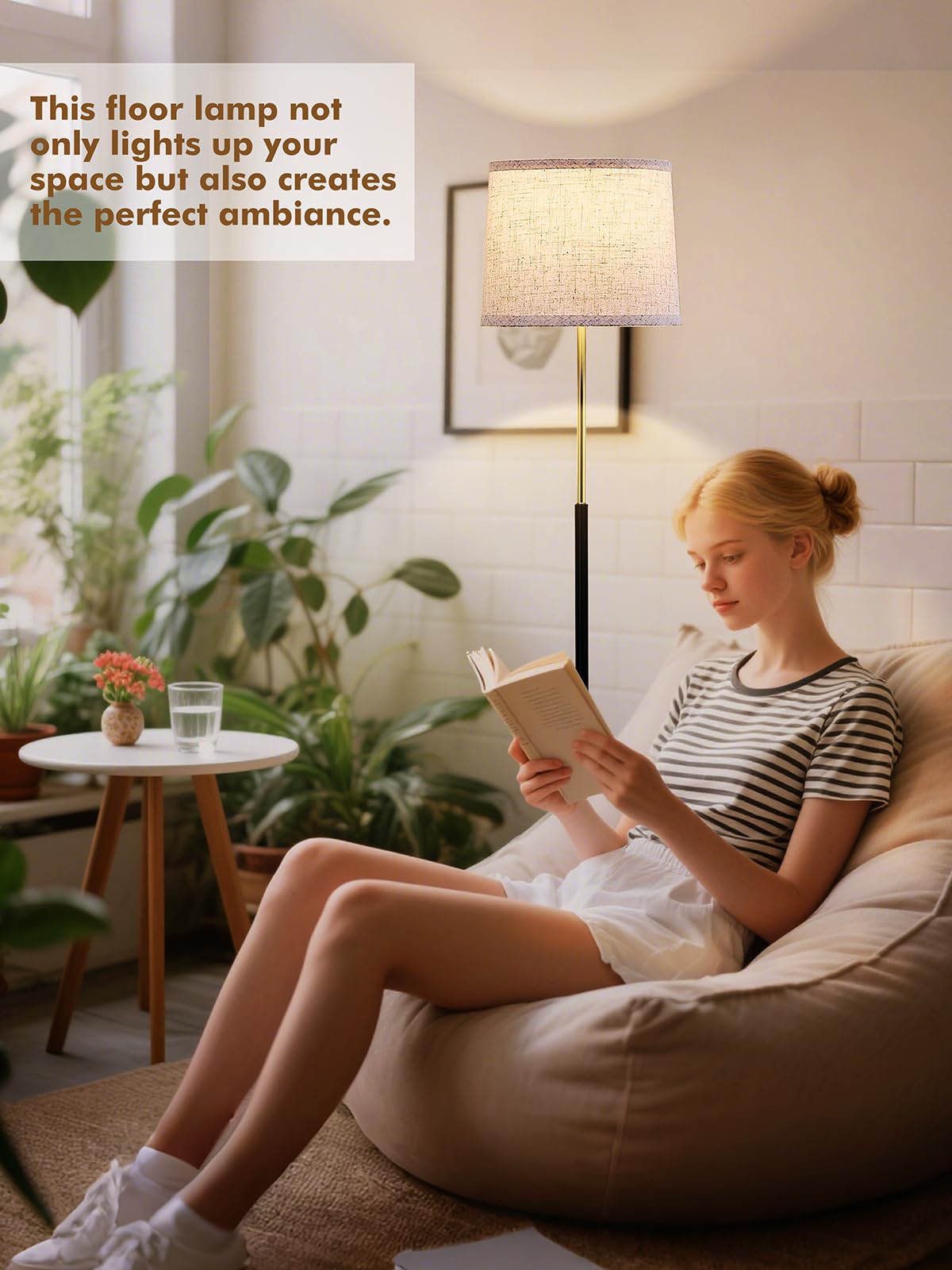 60" Modern Floor Lamp for Living Room Bedroom, Standing Lamp with Oatmeal Linen Lampshade, Tall Lamp with A19 9W 3 Color Temperature Bulb, Foot Switch Control, Black