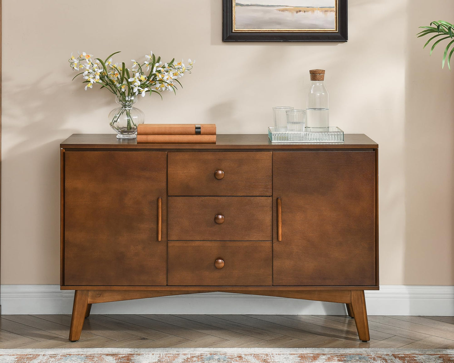 LKTART 60" Mid Century Modern Sideboard Buffet with Hollow Carved Doors and Outlet Holes,Vintage Accent Cabinet Credenzas Storage Cabinet Walnut