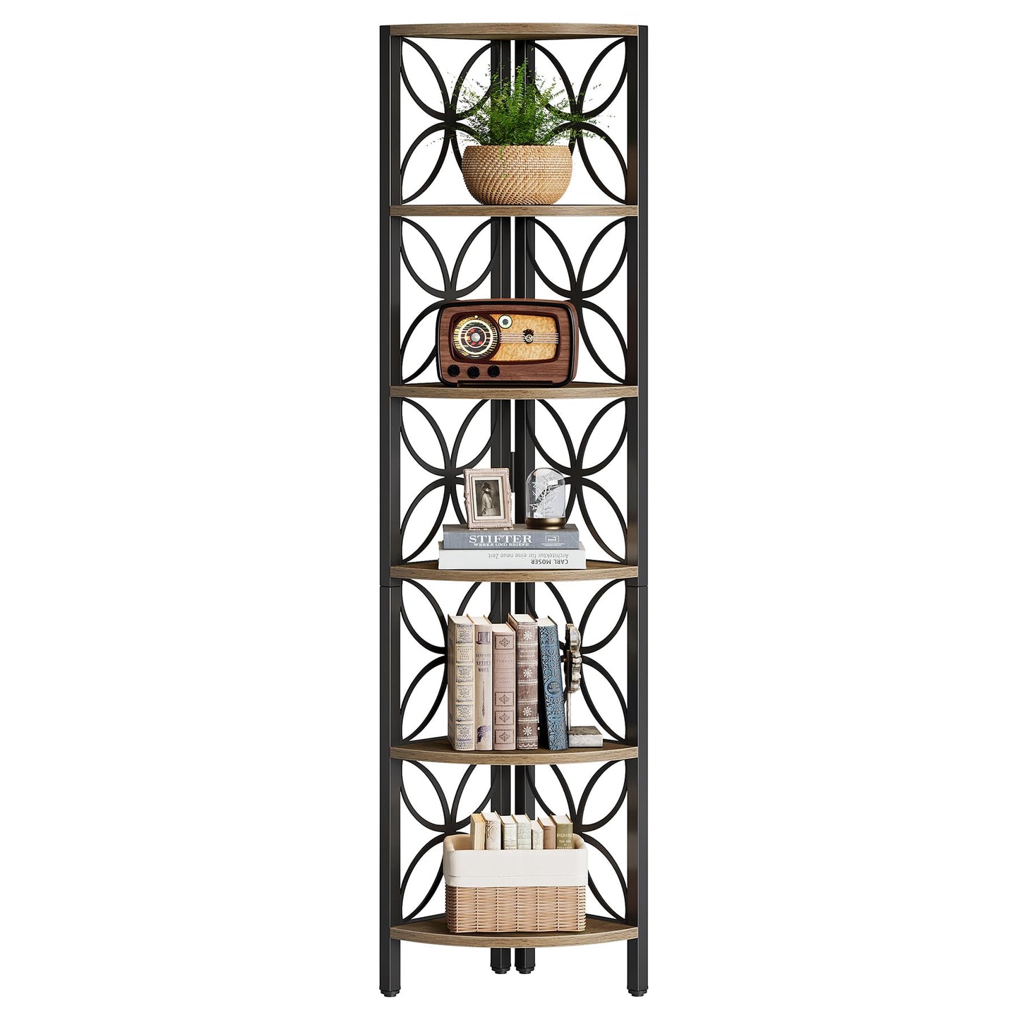 Tribesigns 6-Tier Corner Shelf, Industrial 70.9" Rustic Corner Bookshelf Display Shelf for Living Room, Wooden Shelving Unit Plant Stand Storage Rack for Bedroom, Bathroom, Kitchen,Natural