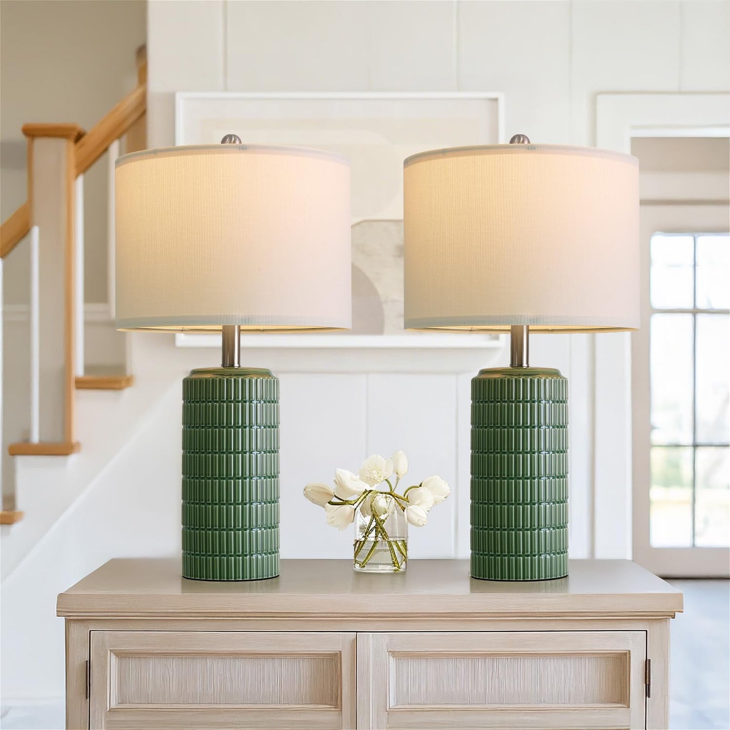 PoKat 23" Modern Ceramic Table Lamp Set of 2 for Living Room White Desk Lamps for Bedroom Farmhouse Bedside Nightstand Lamp House Warming Gifts New Home Decor End Table Lamps Gifts for Women Mom Beige