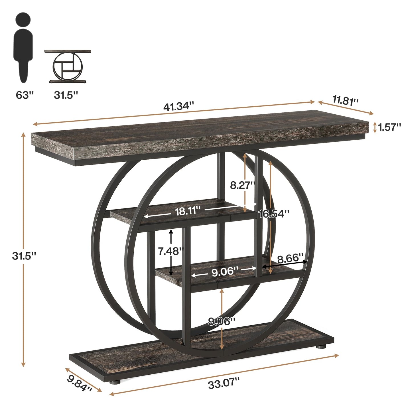 Tribesigns 41.3" Console Table, Industrial 4-Tier Sofa Table Entryway Table with Circle Base, Narrow Wood Accent Tables with Storage Shelves for Living Room, Hallway, Foyer, Rustic Brown