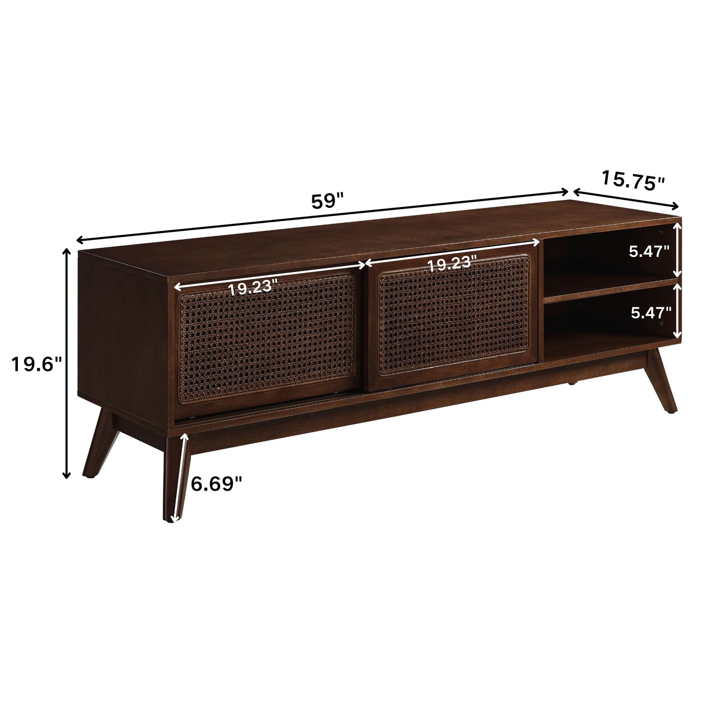 LKTART Mid Century Modern Rattan TV Stand for 65 Inch TV,59" Boho Media Console with Sliding Doors & Open Shelves,Solid Wood Legs for Living Room,Light Walnut