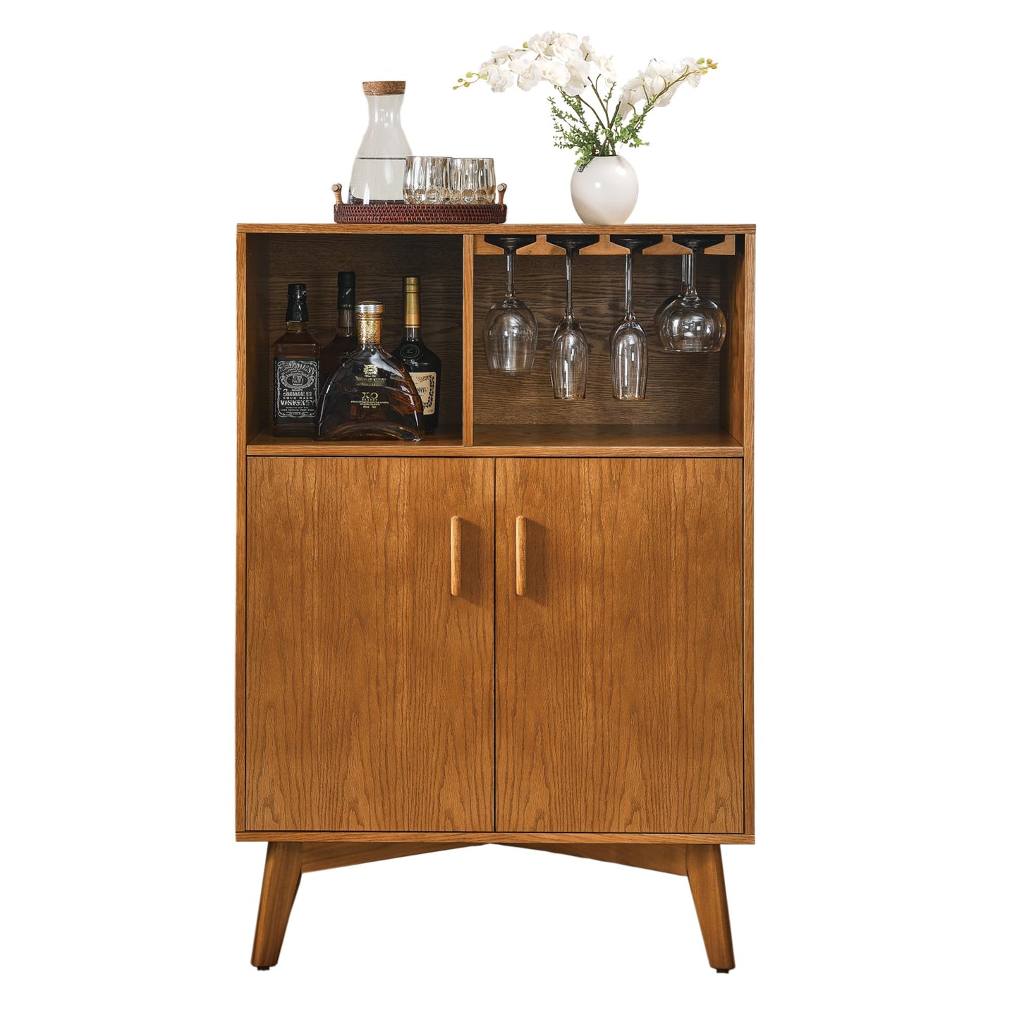 LKTART Wine Cabinet & Coffee Bar with Bottle Holders & Stemware Racks,Liquor Cabinet with Open Storage and Built-in Door Shelves,Bar Cabinet with Solid Wood Legs and Adjustable Shelf