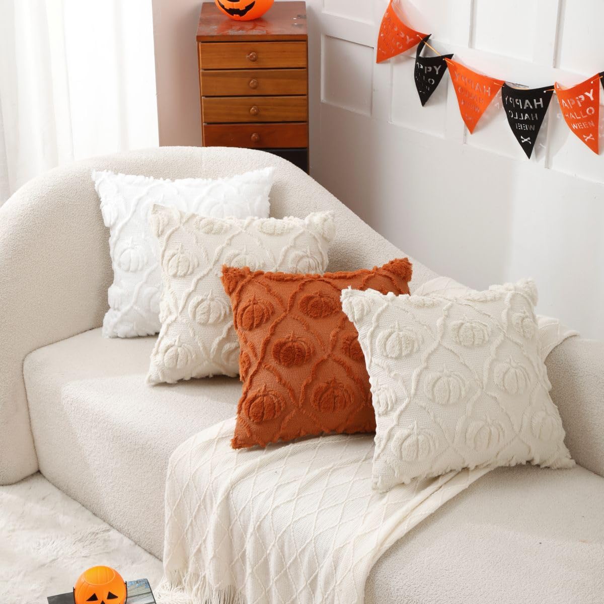 VAKADO Halloween Fall Throw Pillow Covers 18x18 Set of 2 Pumpkin Autumn Couch Thanksgiving Home Decorations Kitchen Decor Plush Embroidered Velvet Cushion for Farmhouse Bed Sofa Living Room,Cream
