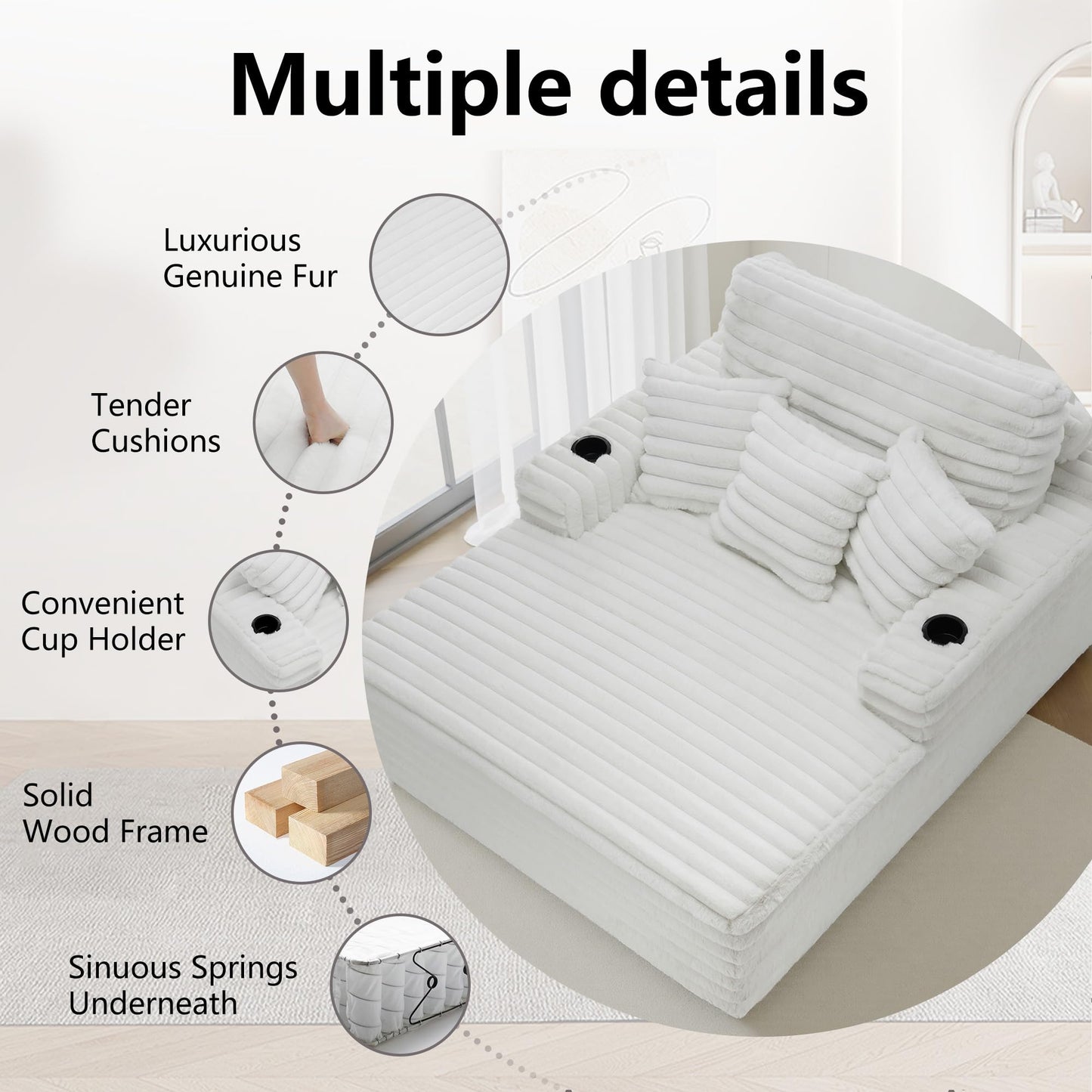59" Chaise Lounge Chair Indoor, Upholstered Oversized Sleeper Sofa Bed Reading Chairs with 3 Soft Pillows & 2 Cup Holders, Comfy Cloud Deep Seat Sofa for Living Room Bedroom, Set of 2, Navy