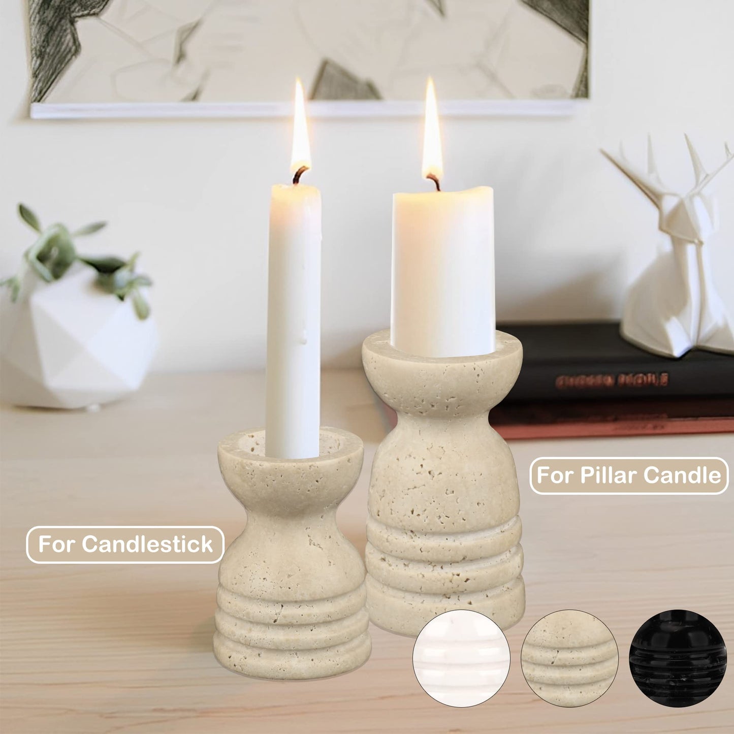 Candle Holders Italy True Natural Travertine Stone Set of 2 Premium Marble Candlestick Holder for Wedding Dinning Party Candle Stand for Dia 3/4" Taper Pillar Candles Color Beige (CH6065YL)