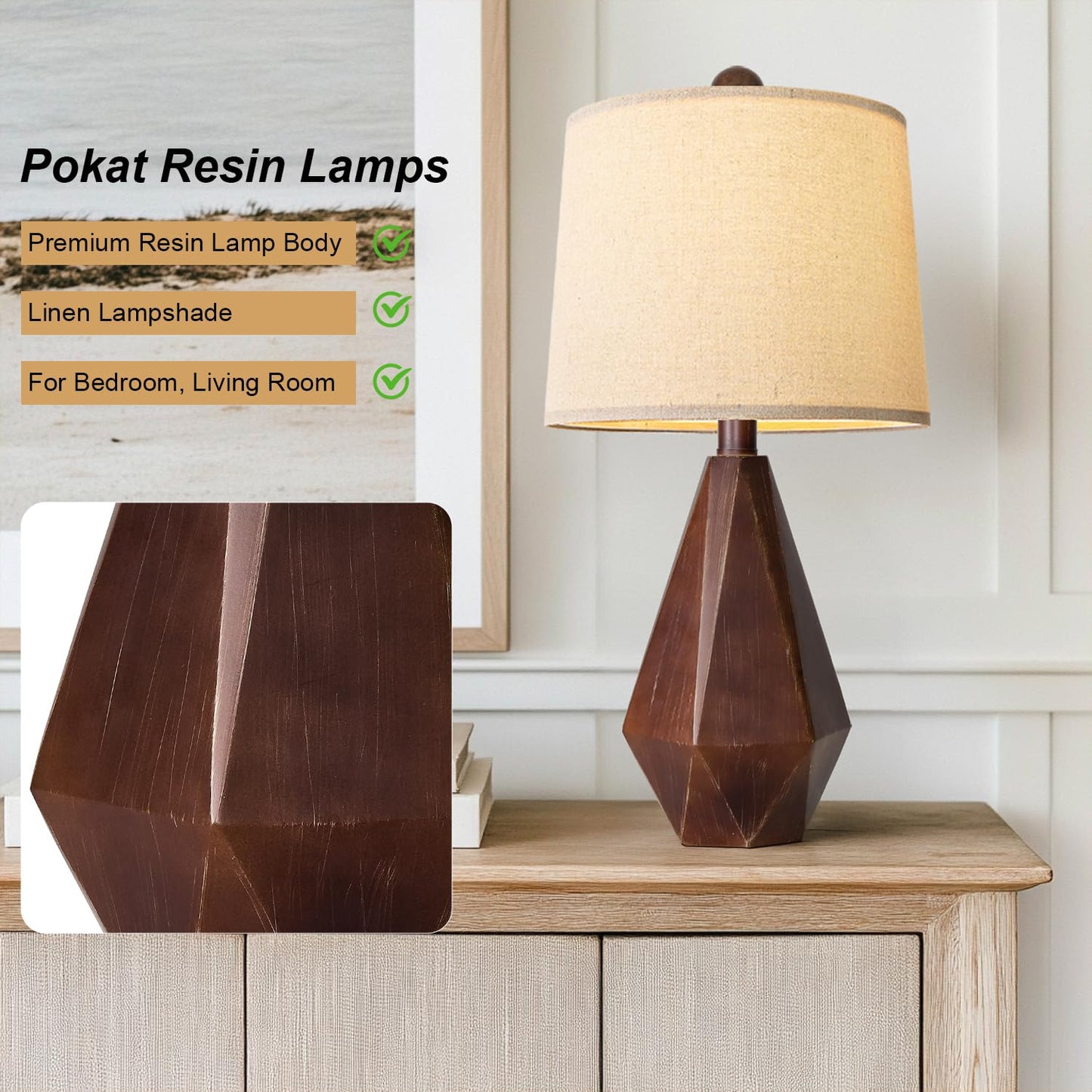 PoKat 20.25" Retro Farmhouse Table Lamp Set of 2 - Living Room & Bedroom Rustic Linen Bedside Nightstand Lamps for Kids, Study, Office - Resin, Suitable for Small Places