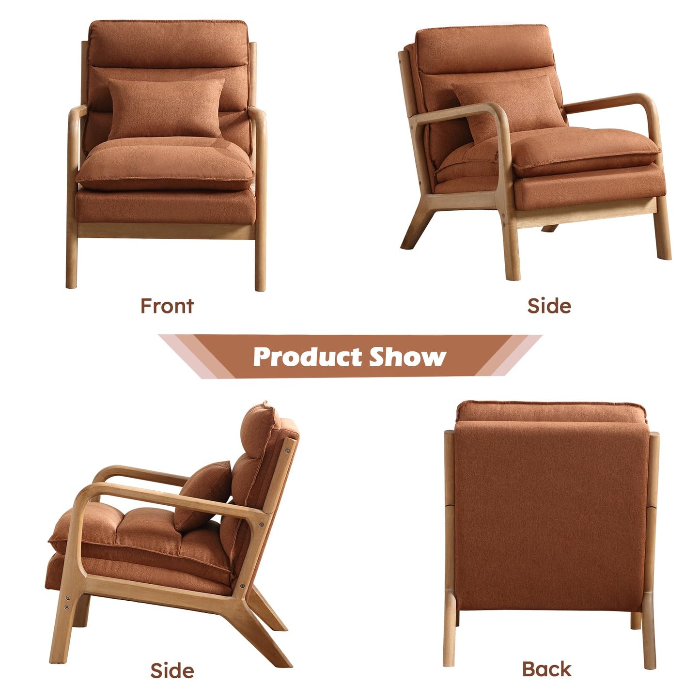 IOMOR Mid Century Modern Accent Chair, Upholstered Lounge Armchair with Plump Back Pillow, Comfy Reading Chair with Solid Wood Frame for Bedroom Living Room, Brown