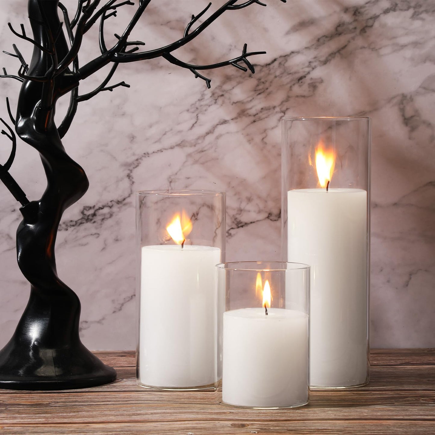 Shihanee Set of 3 Pillar Candles and 3 Glass Cylinder Candle Vases Holders Clear Pillar Jars for Wedding Centerpieces(3'' x 5.9'', 7.9'', 9.8'',Ivory White)