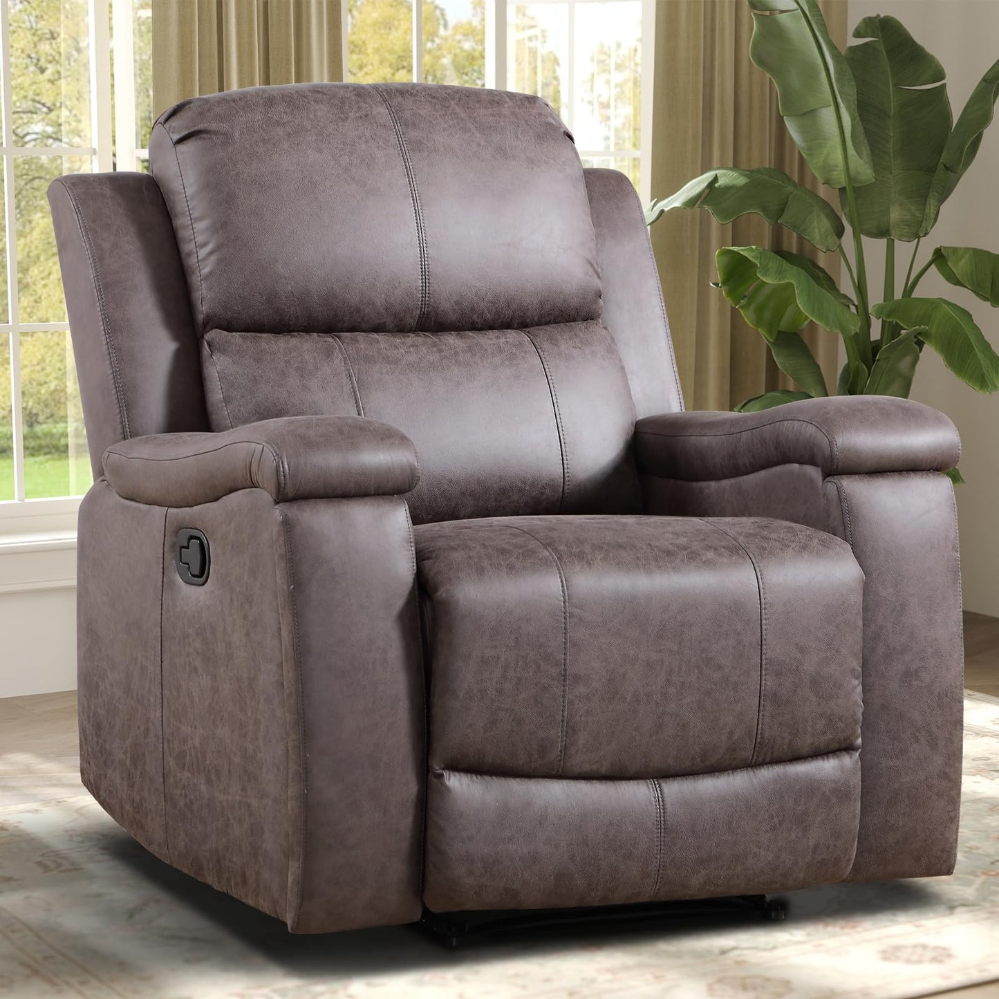 IOMOR Leather Recliner Chair, Manual Recliner Chair for Adults with Overstuffed Arms and Back, Single Sofa Recliner with Cup Holders for Living Room (1, Brown)