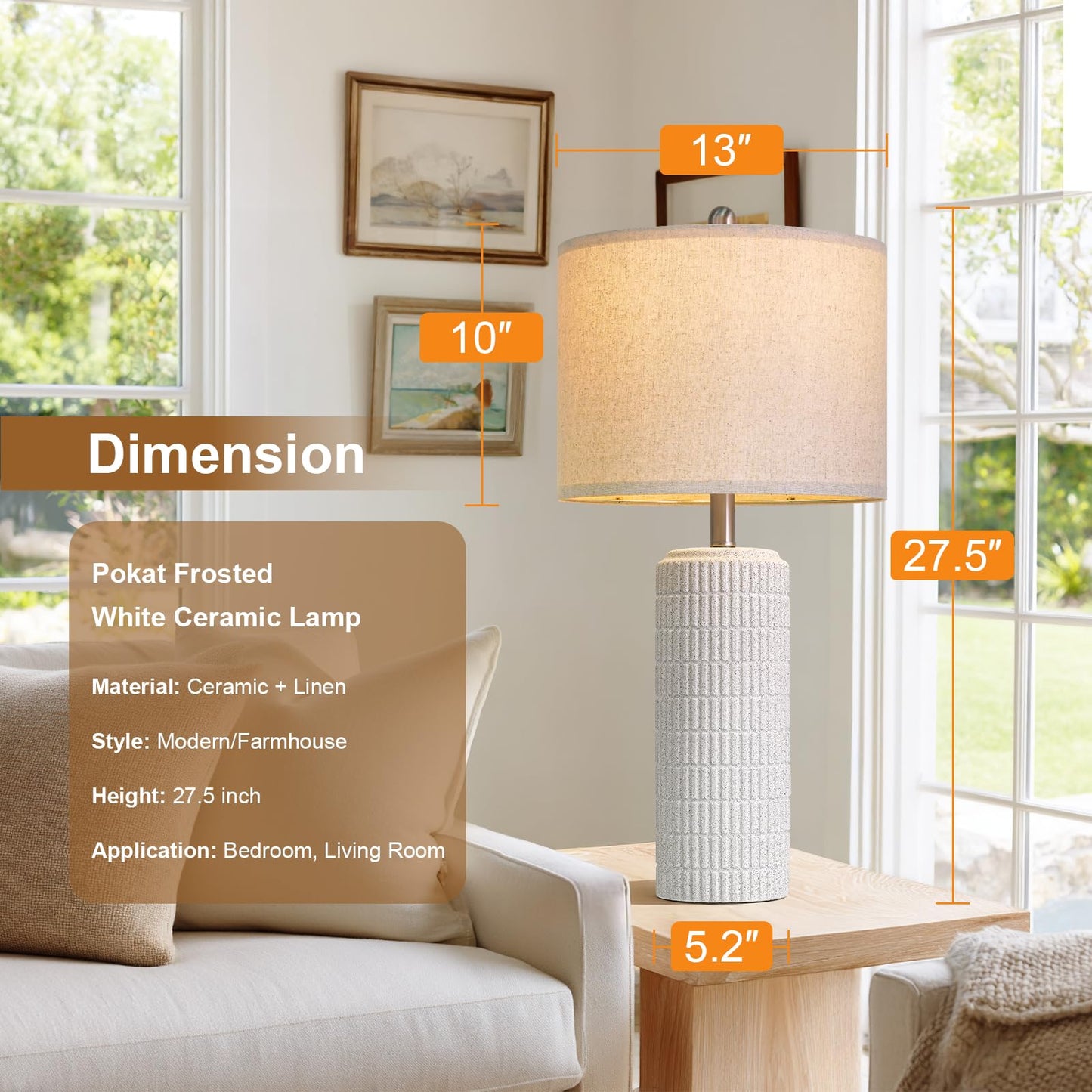PoKat 23" Modern Ceramic Table Lamp Set of 2 for Living Room White Desk Lamps for Bedroom Farmhouse Bedside Nightstand Lamp House Warming Gifts New Home Decor End Table Lamps Gifts for Women Mom Beige