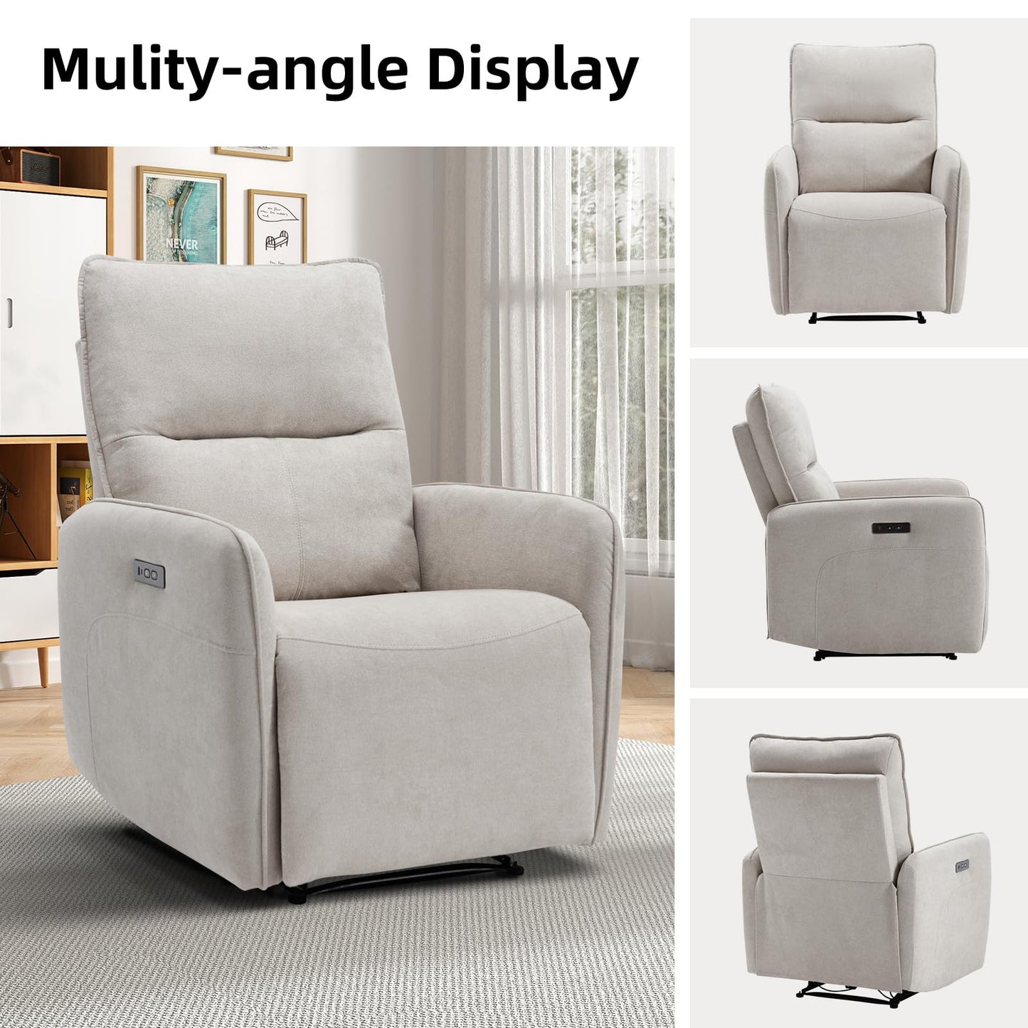 IOMOR Power Recliner Chair for Adults, Electric Recliner with USB Tape-C Ports, Zero Wall Single Reclining for Small Space, Living Room (1, Grey)