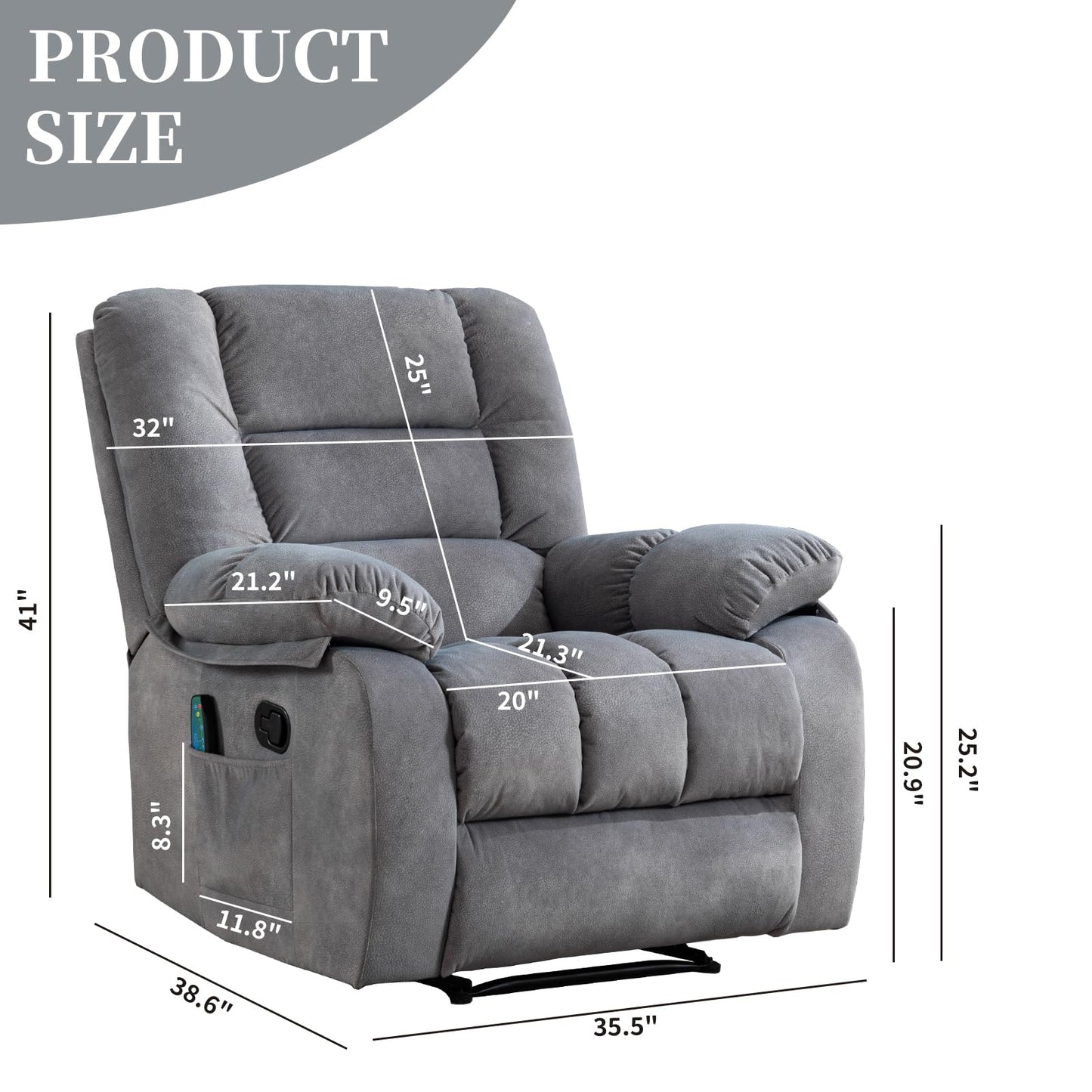 IOMOR Massage Recliner Chair with Heat and Massage, Ergonomic Overstuffed Breathable Fabric Reclining Chairs, Single Sofa Chair with Side Pockets for Living Room Home Theater (Dark Gray)