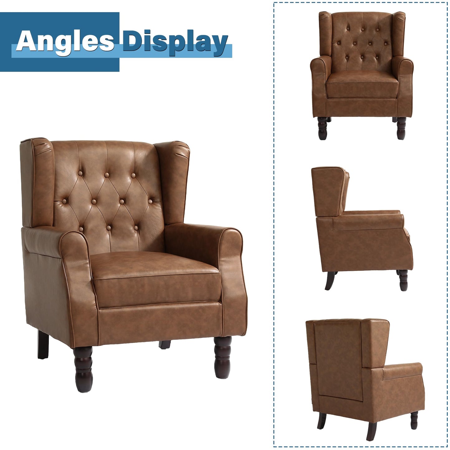 Faux Leather Wingback Chairs Set of 2, High Back Accent Chair for Living Room, Button-Tufted Upholstered Armchair with Solid Wood Legs, Comfy Reading Chair for Bedroom, Brown
