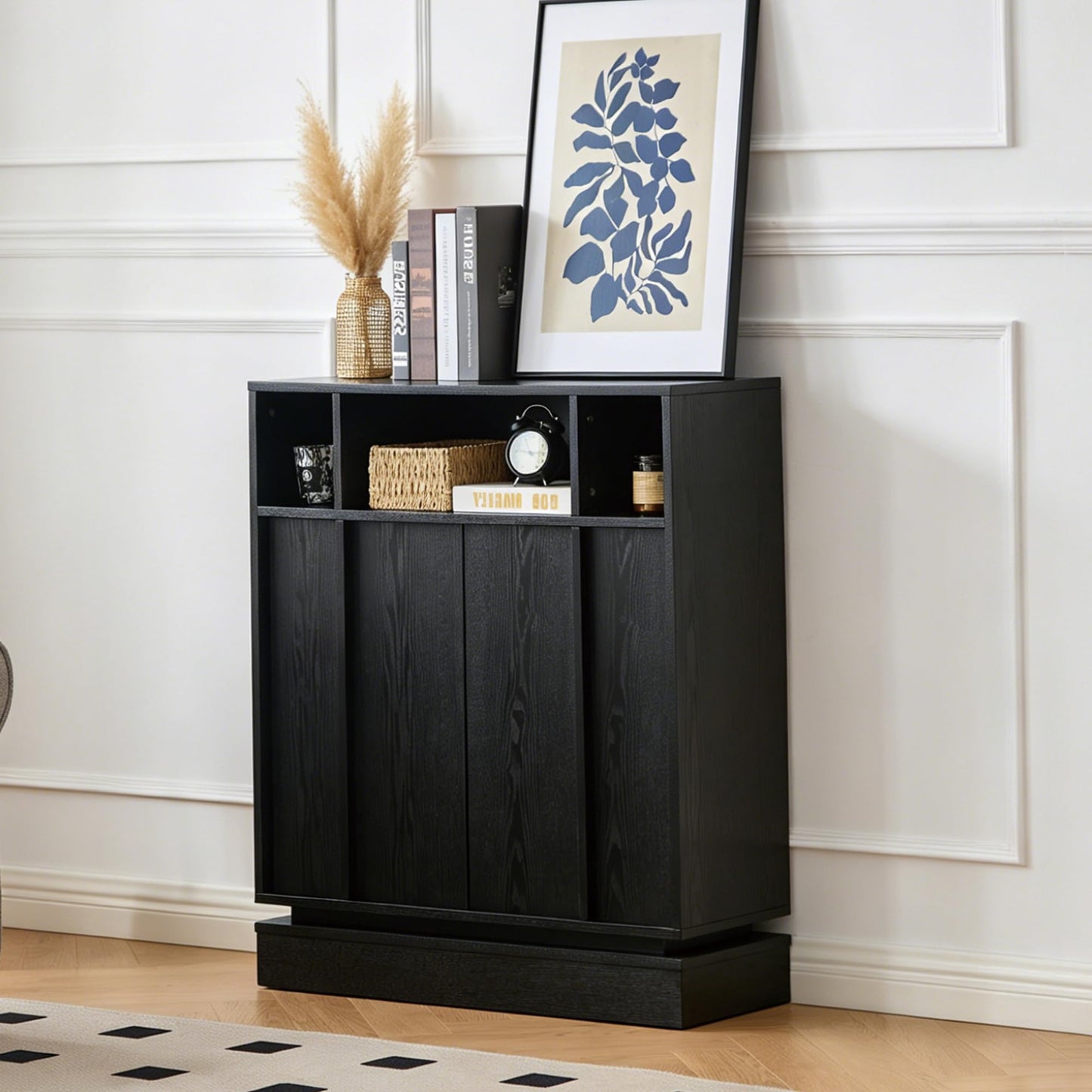 LKTART 63" Rattan Sideboard Buffet Cabinet,Kitchen Storage Cabinet,Wood Coffee Bars with 4 Doors & Open Storage Shelves,Mid Century Modern Credenza Console Table for Living Room,Walnut