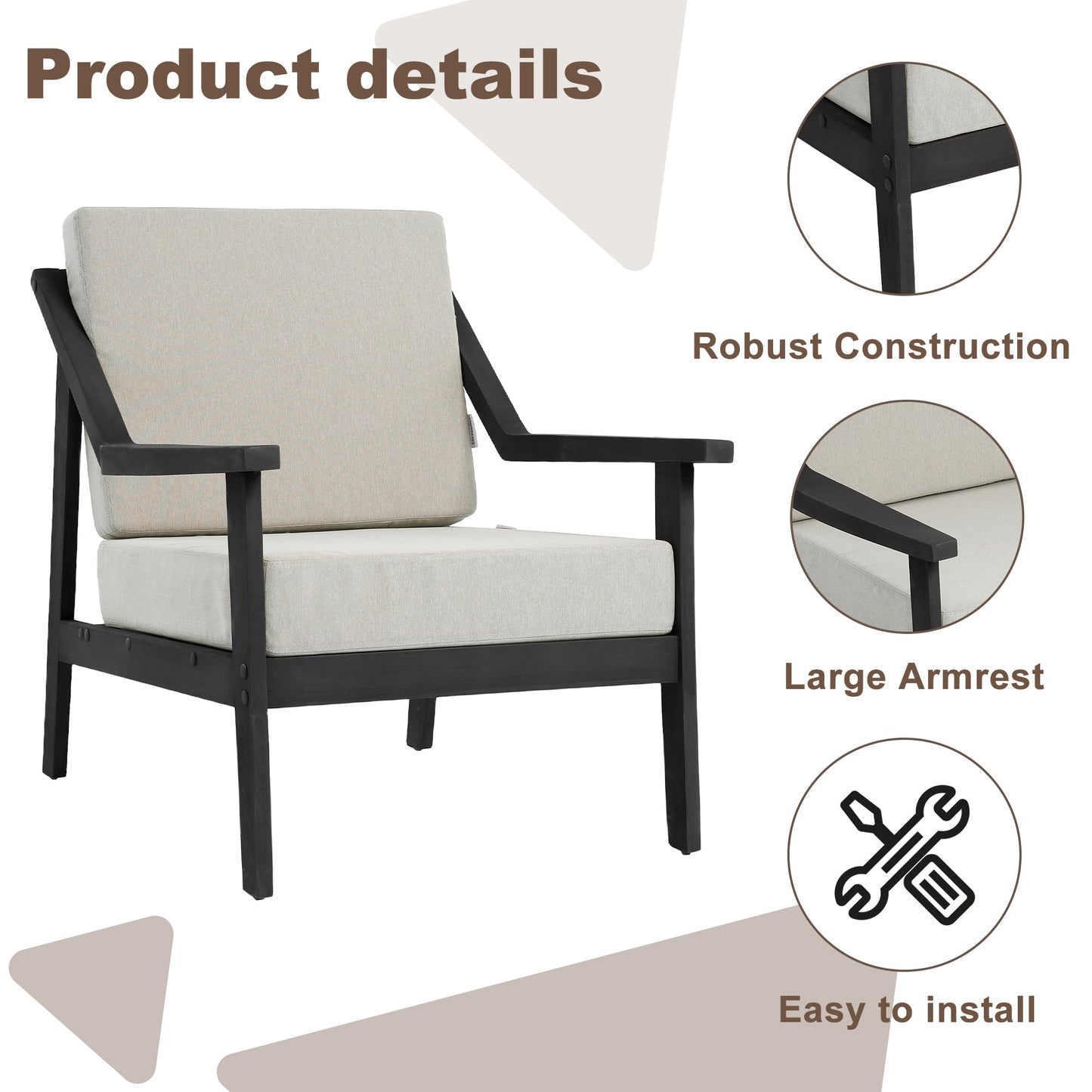 Outdoor Patio Furniture Set, 2 Piece Outdoor Patio Sofa Armchairs with Washable Thick Cushions, All-Weather Solid Wood Patio Bistro Set for Porch, Balcony, Natural Frame & Beige Cushion