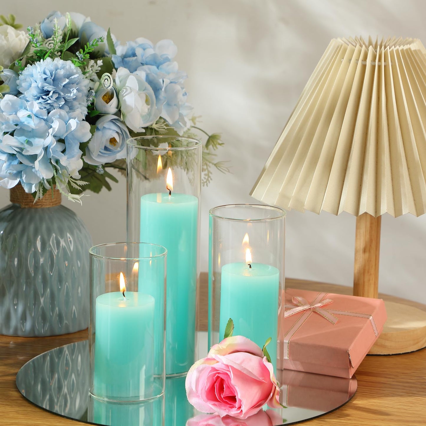 Shihanee Set of 3 Pillar Candles and 3 Glass Cylinder Candle Vases Holders Clear Pillar Jars for Wedding Centerpieces(3'' x 5.9'', 7.9'', 9.8'',Ivory White)