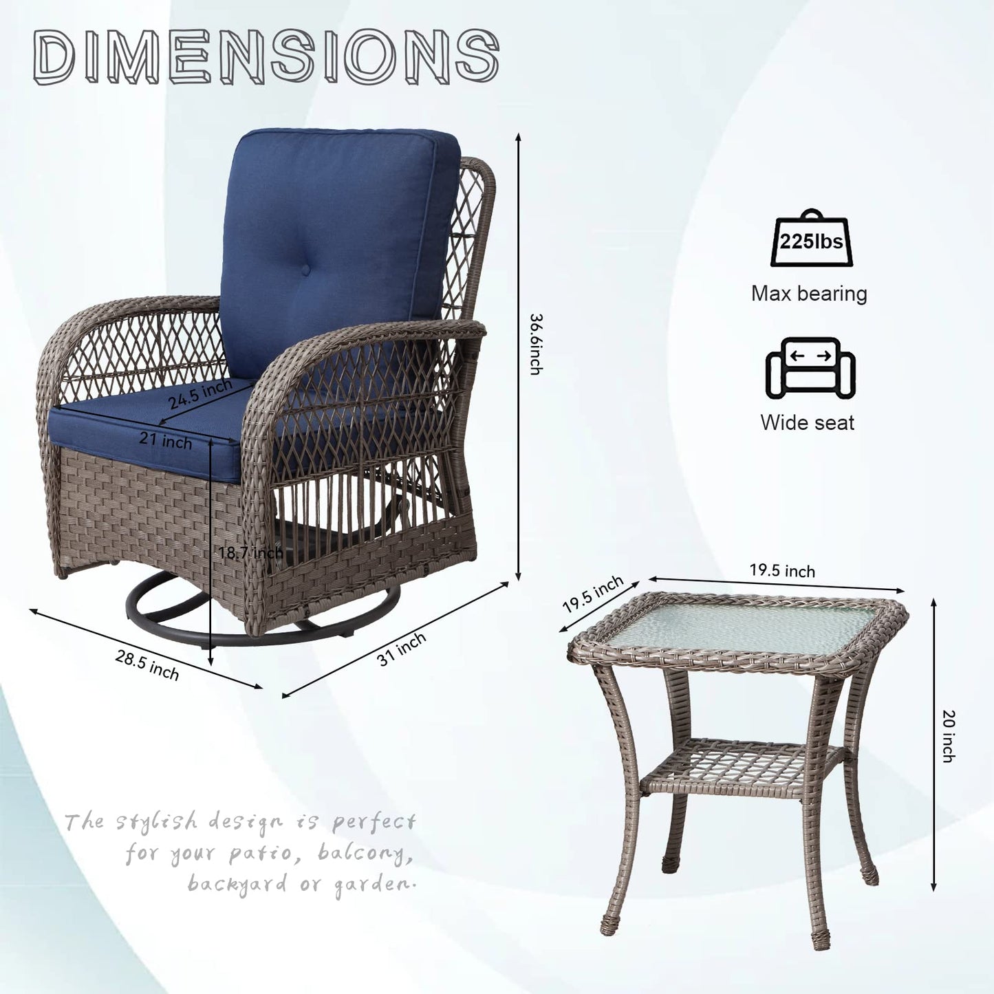Joyside Patio Bistro Set, 3-Piece Outoodr Wicker Swivel Rocking Chair Set, Outdoor Patio Furniture Chair with Side Coffee Table & Durable Fabric Cushion(Brown/Beige)
