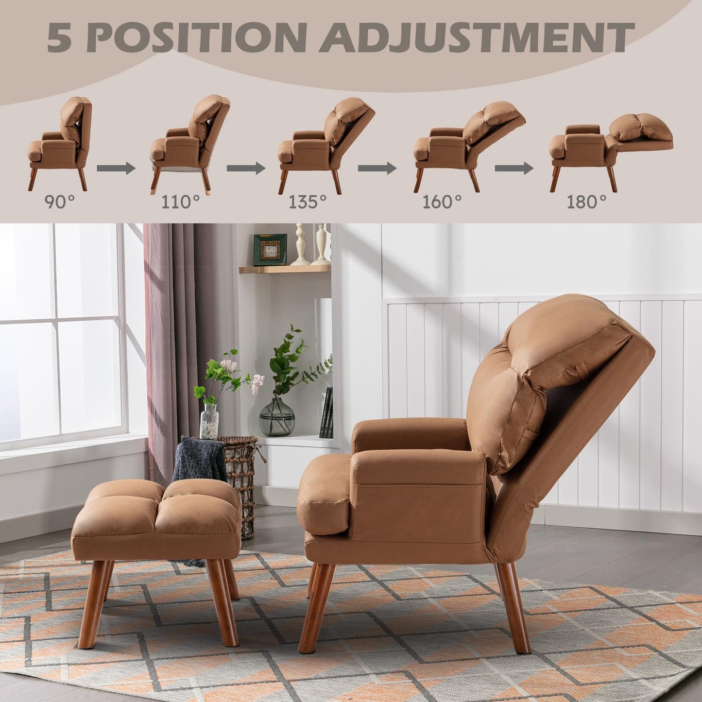 IOMOR Accent Chair with Ottoman Comfy Reading Chair Armchair with Adjustable Backrest and Side Pockets Soft Fabric Leisure Sofa for Bedroom, Living Room, Dorm Rooms, Garden, Beige