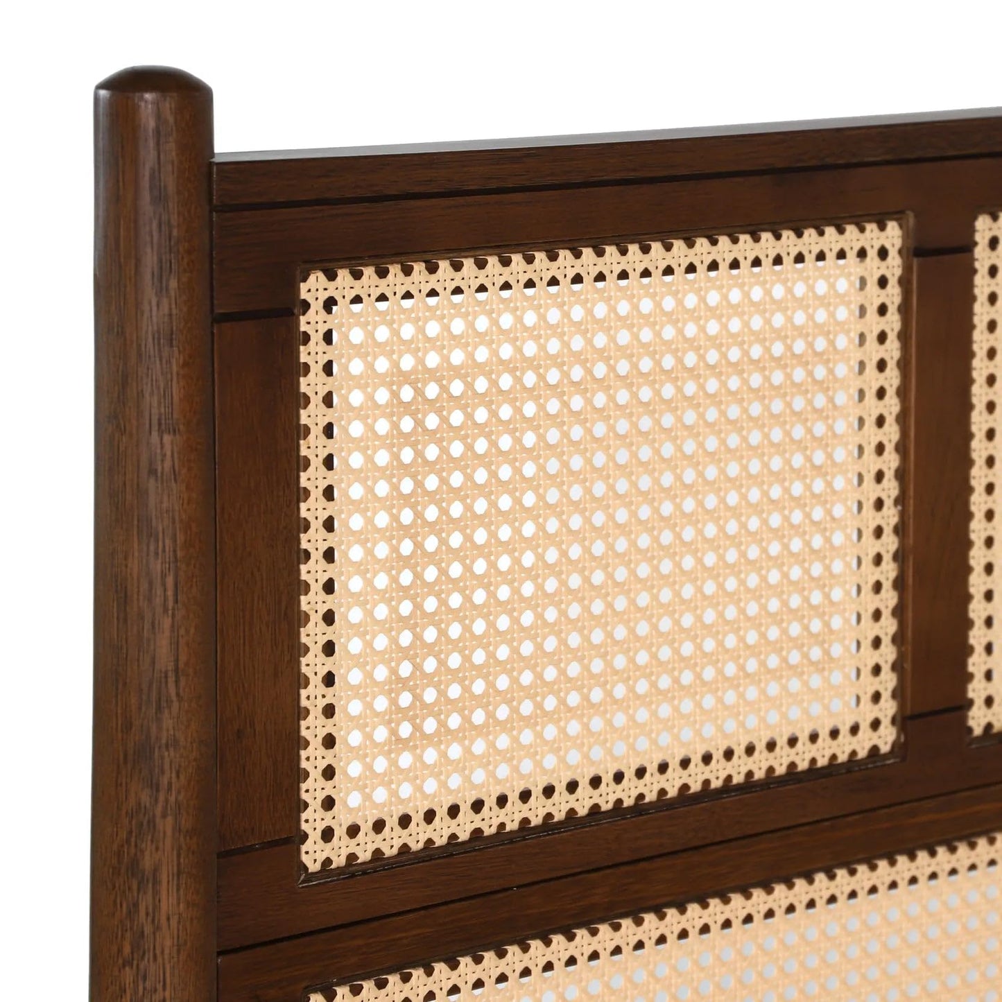 Grain Wood Furniture Mid Century Cane Solid Wood Queen Size Bed with a Brushed Walnut Finish
