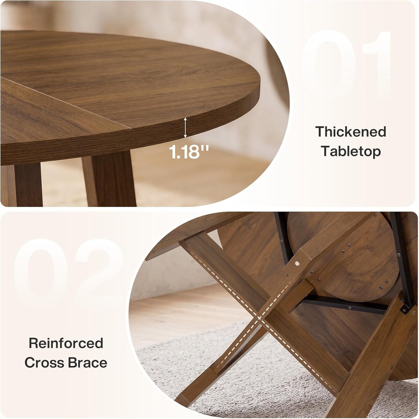 Tribesigns Round Dining Table for for 4-6 People, 47-Inch Circle Kitchen Table with Reinforced Cross Brace, Farmhouse Dining Room Furniture for Living Room, Apartment, Restaurant, Walnut Brown