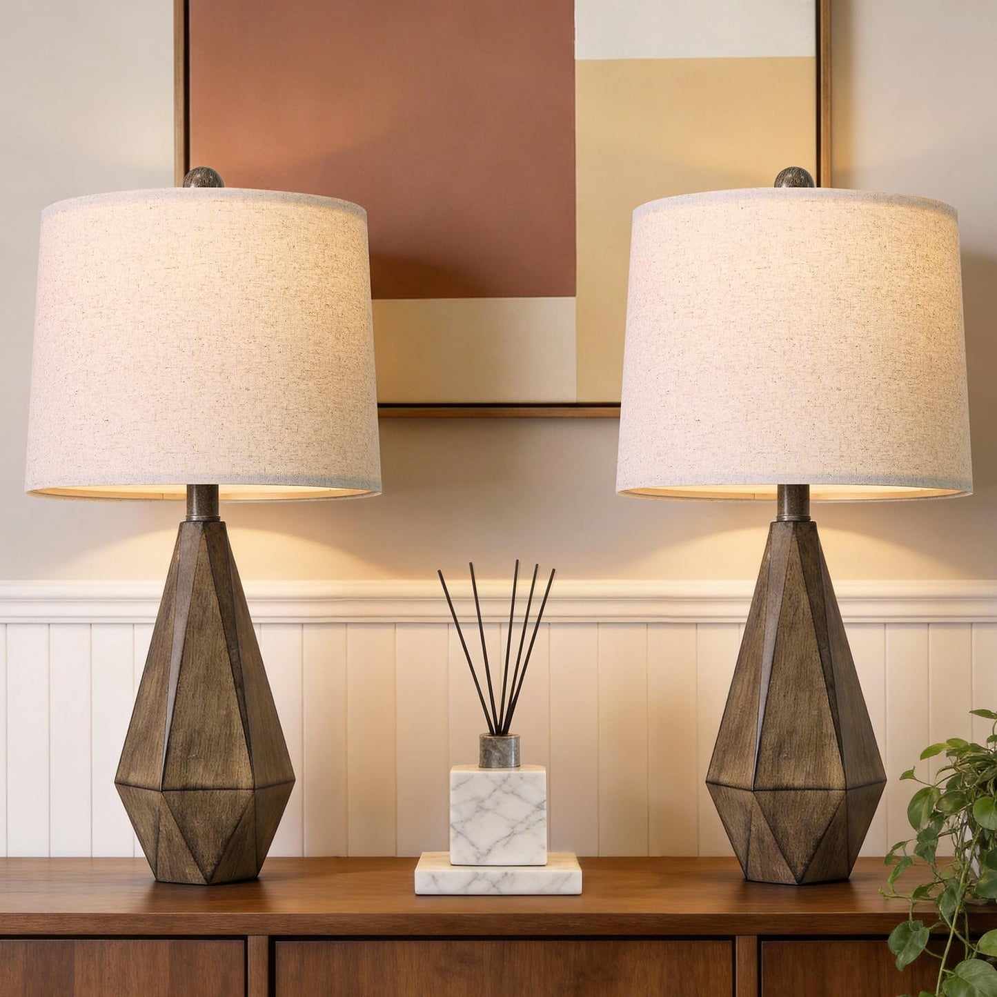 PoKat 23.5'' Table Lamps Set of 2 for Bedroom, Farmhouse Nightstand Lamps for Living Room, Rustic Bedside Lamps with Linen Lampshade for Side Table Office Hallway Entryway Dark Wood-Like (Brown)