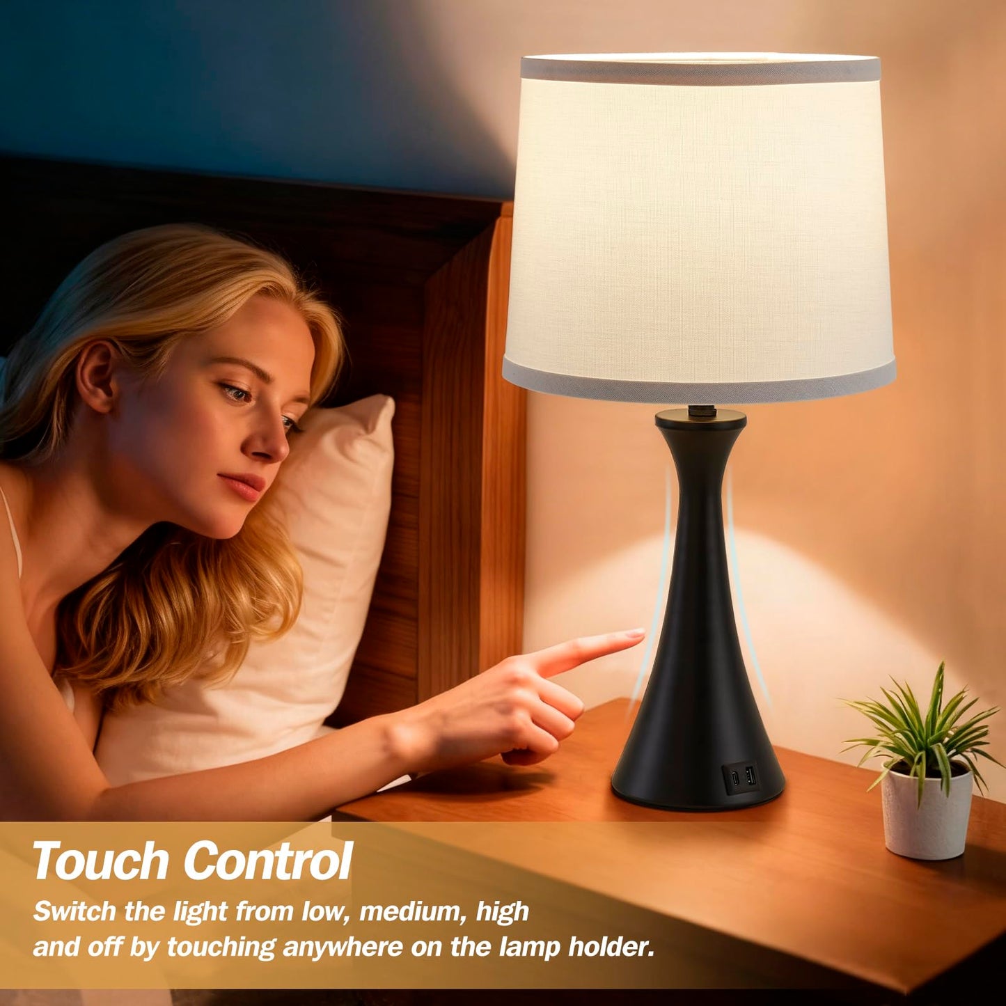 Touch Lamp for Living Room Bedroom, 21" Table Lamps Set of 2 with USB C+A Ports, Touch Bedside Lamps for Nightstand with 3 Way Dimmable, 2 LED Bulbs Included, Black